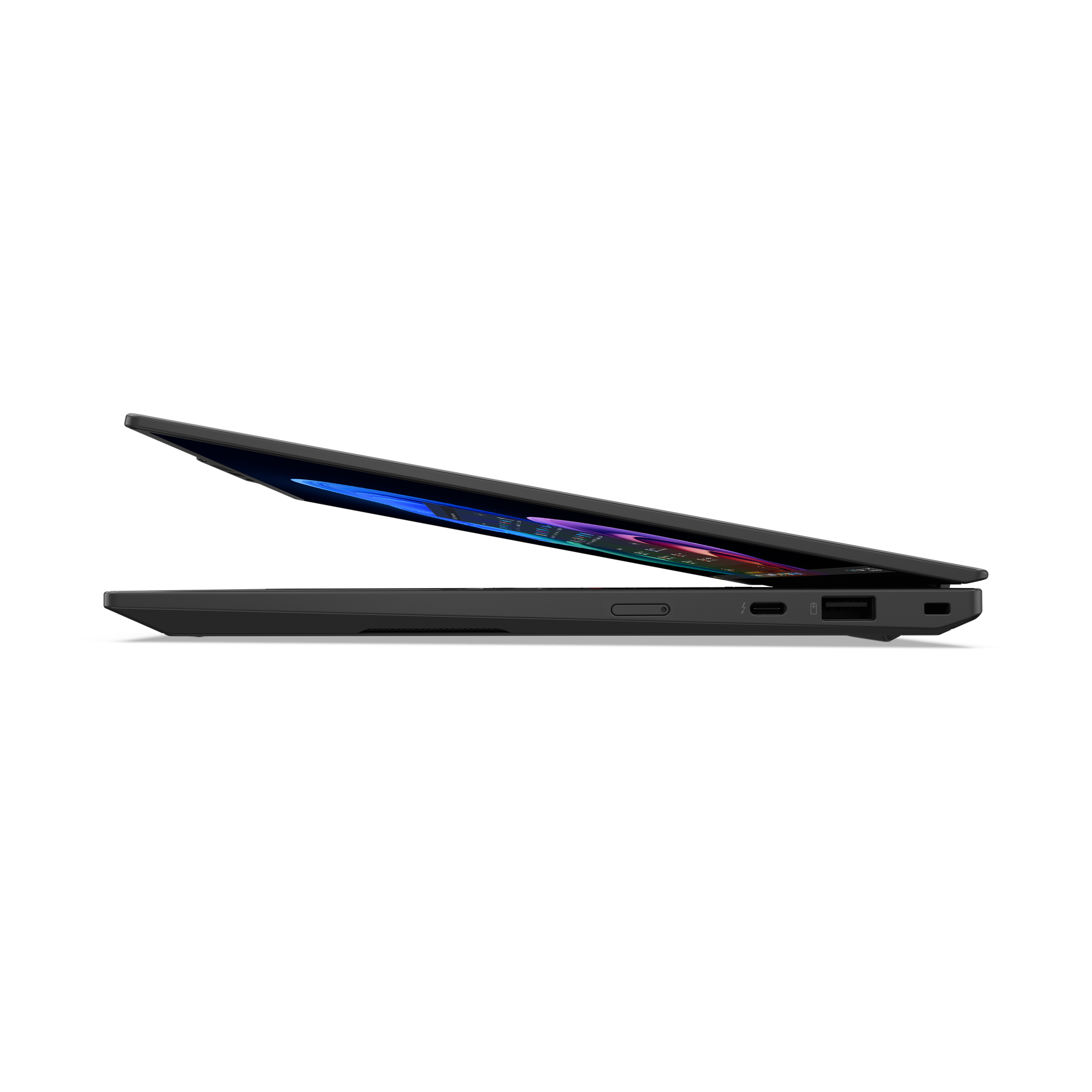 Schwarzer Laptop im Profil, Bildschirm zeigt Regenbogenfarben.