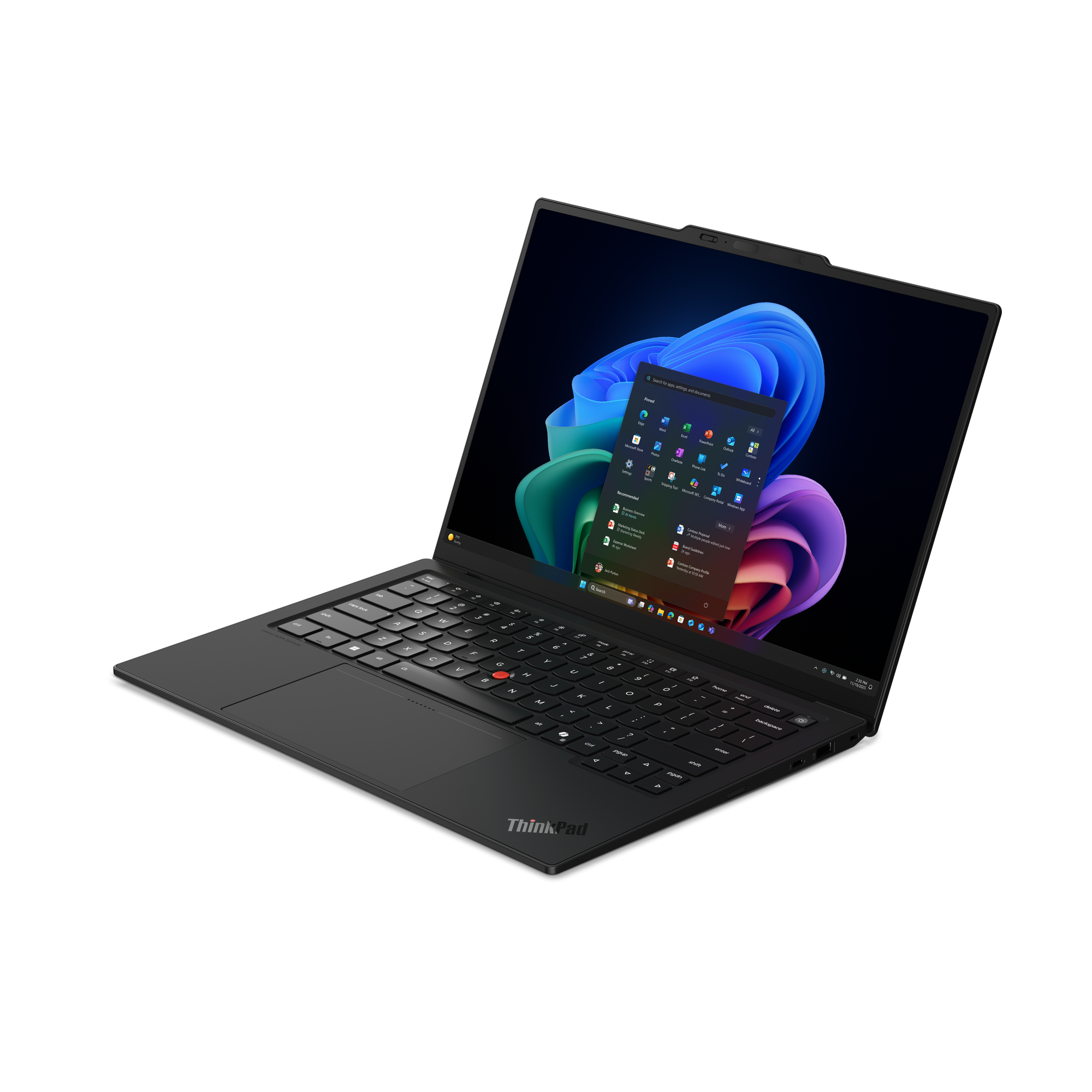Schwarzer Laptop mit Windows 11 und farbigem Hintergrundbild. Tastatur und Touchpad sichtbar.