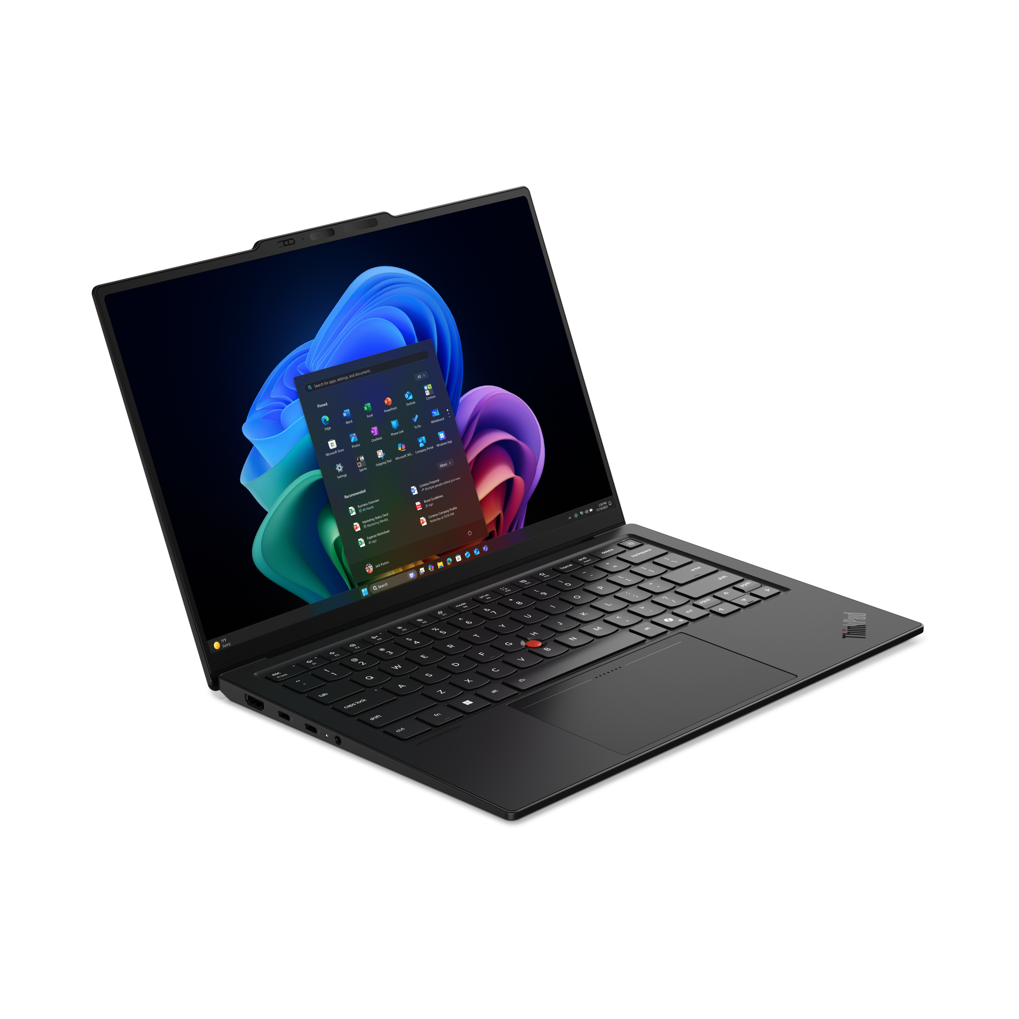 Ein dunkler Laptop mit buntem abstraktem Hintergrund und geöffnetem App-Menü.