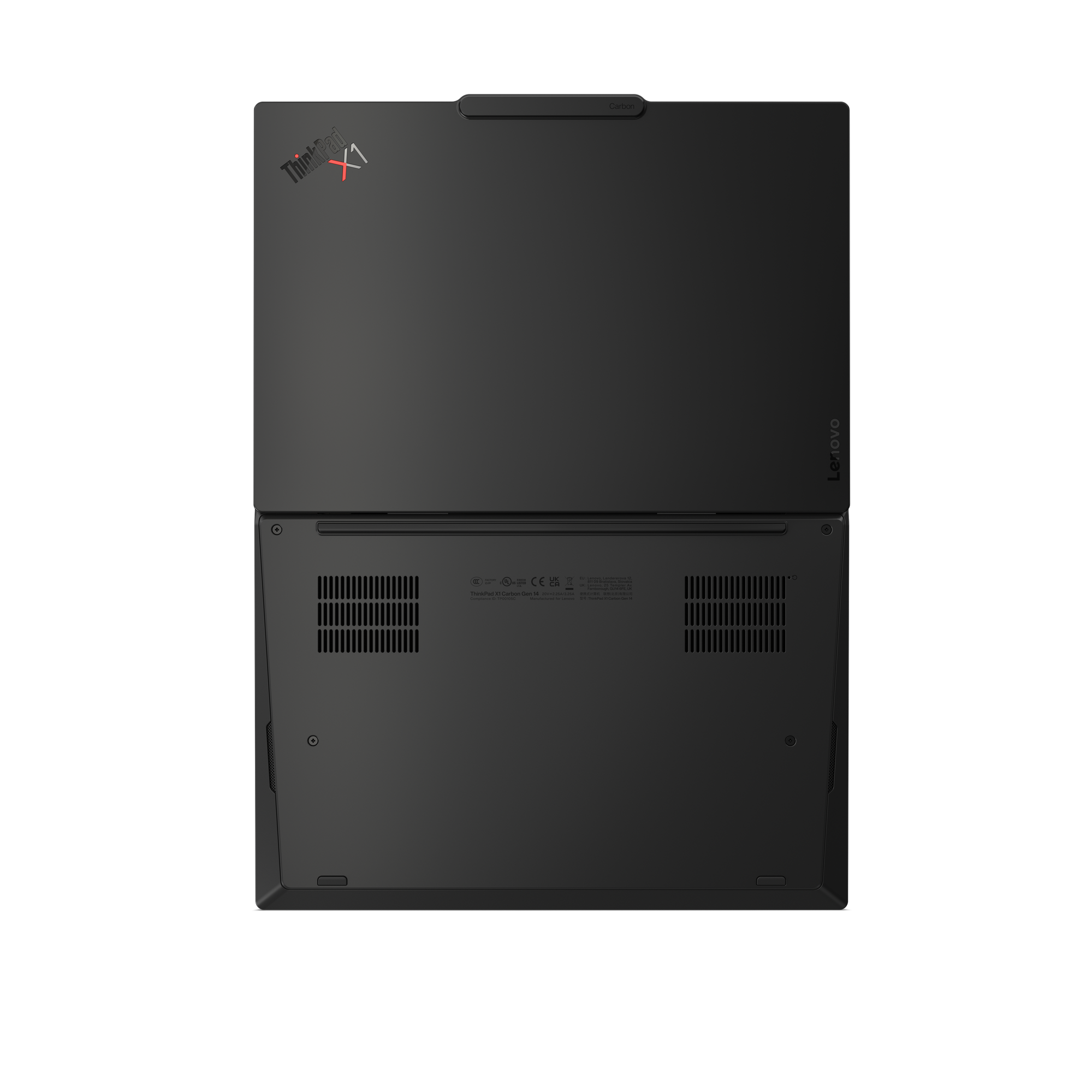 Schwarzer Lenovo ThinkPad X1 Carbon Laptop, von oben betrachtet.