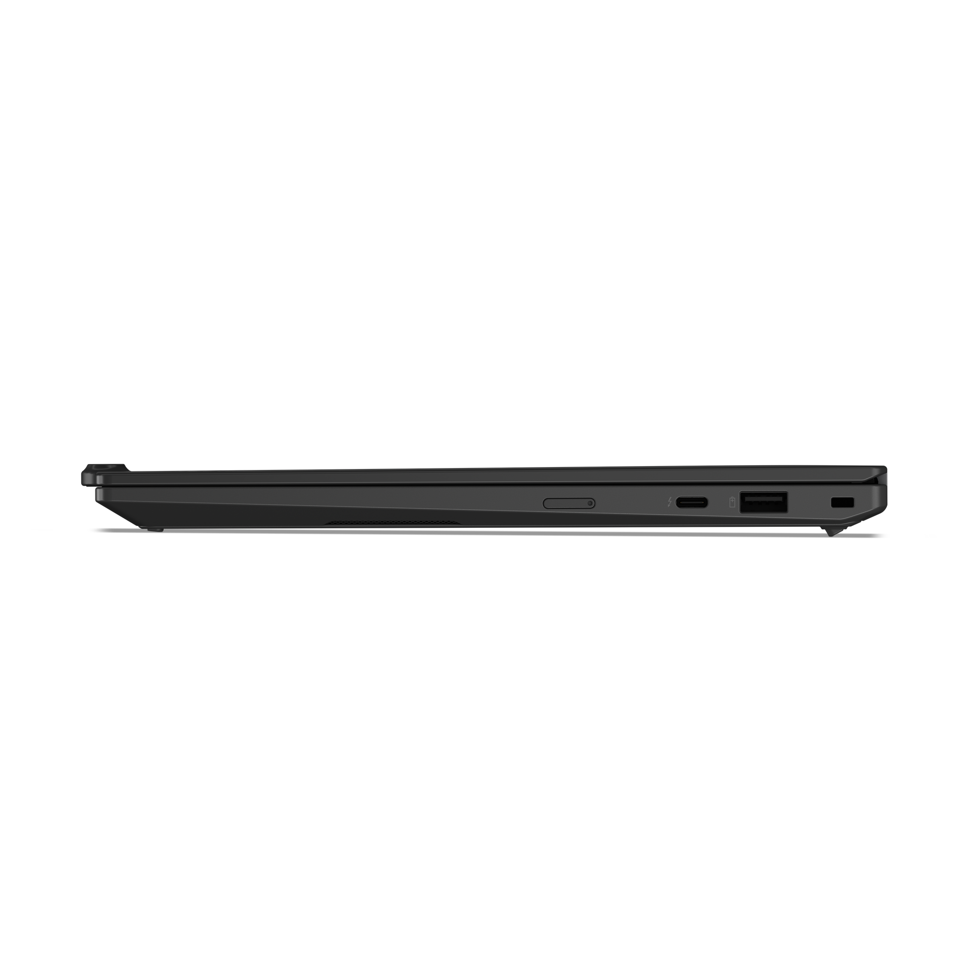 Schwarzes schlankes Laptop von der Seite mit USB-C und USB-A Anschlüssen.