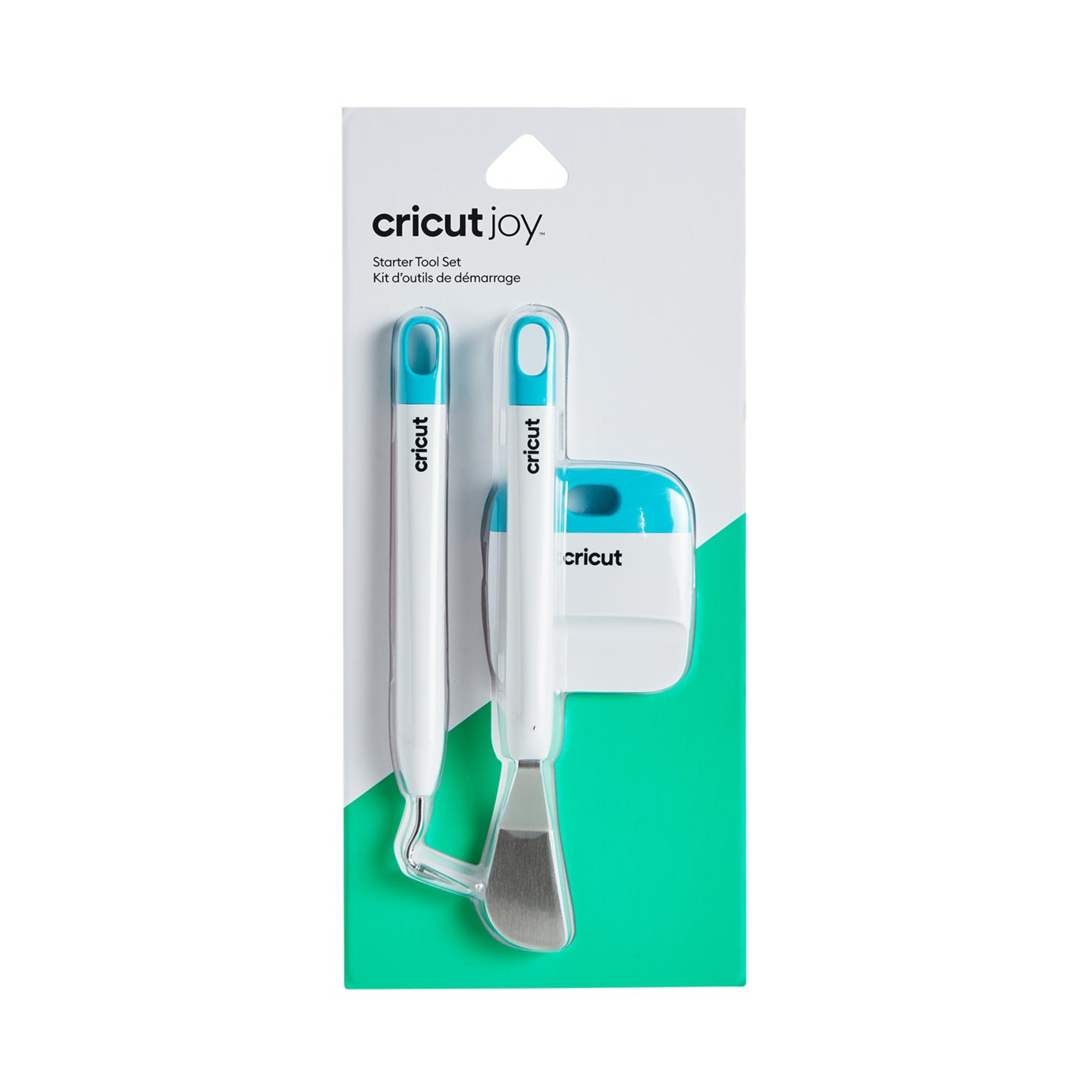 Cricut Joy Başlangıç Araç Seti, ayıklayıcı, kazıyıcı ve spatula içeren, şeffaf plastik ambalajda beyaz ve yeşil arka plan üzerinde.