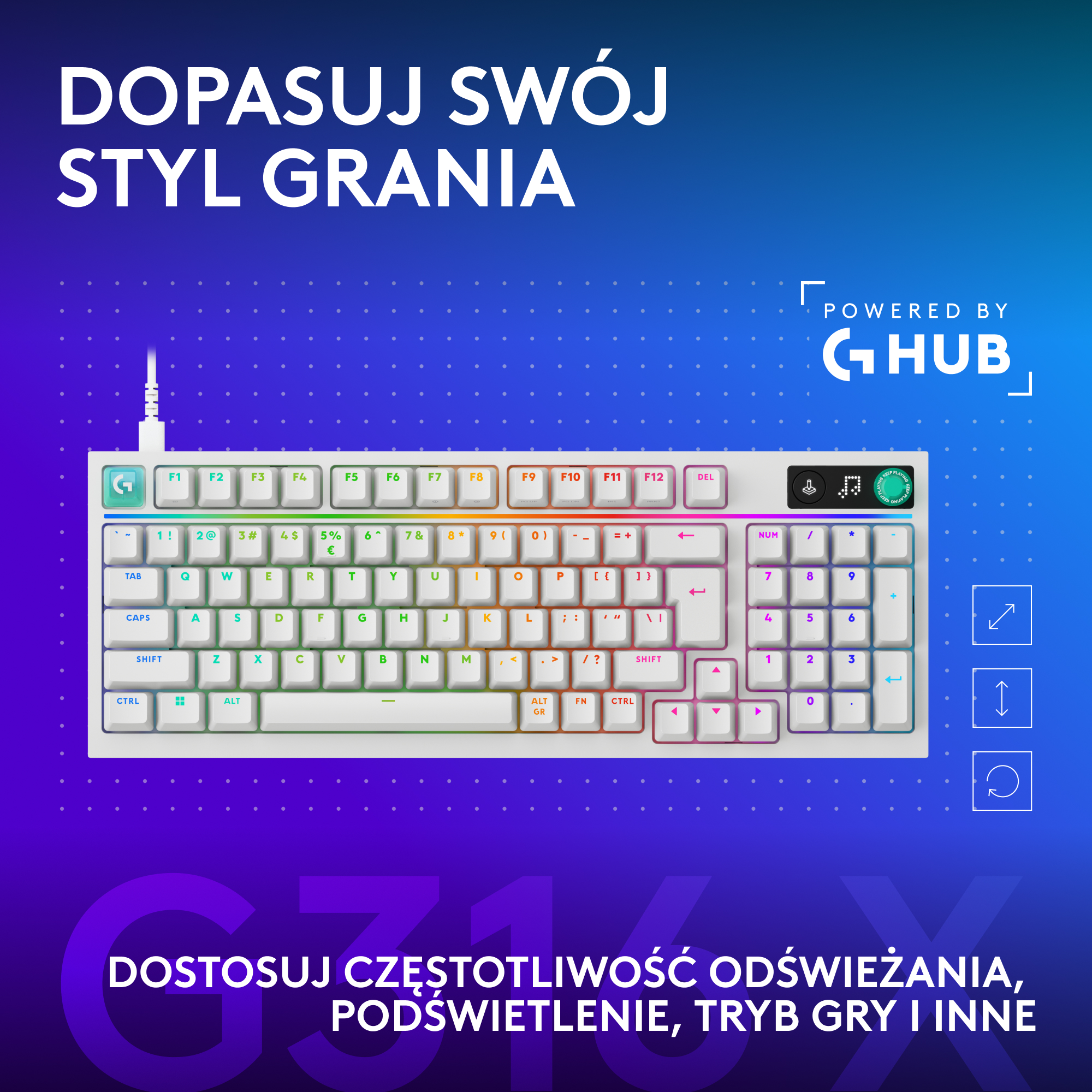 Biała klawiatura z podświetleniem RGB i polskimi napisami.
