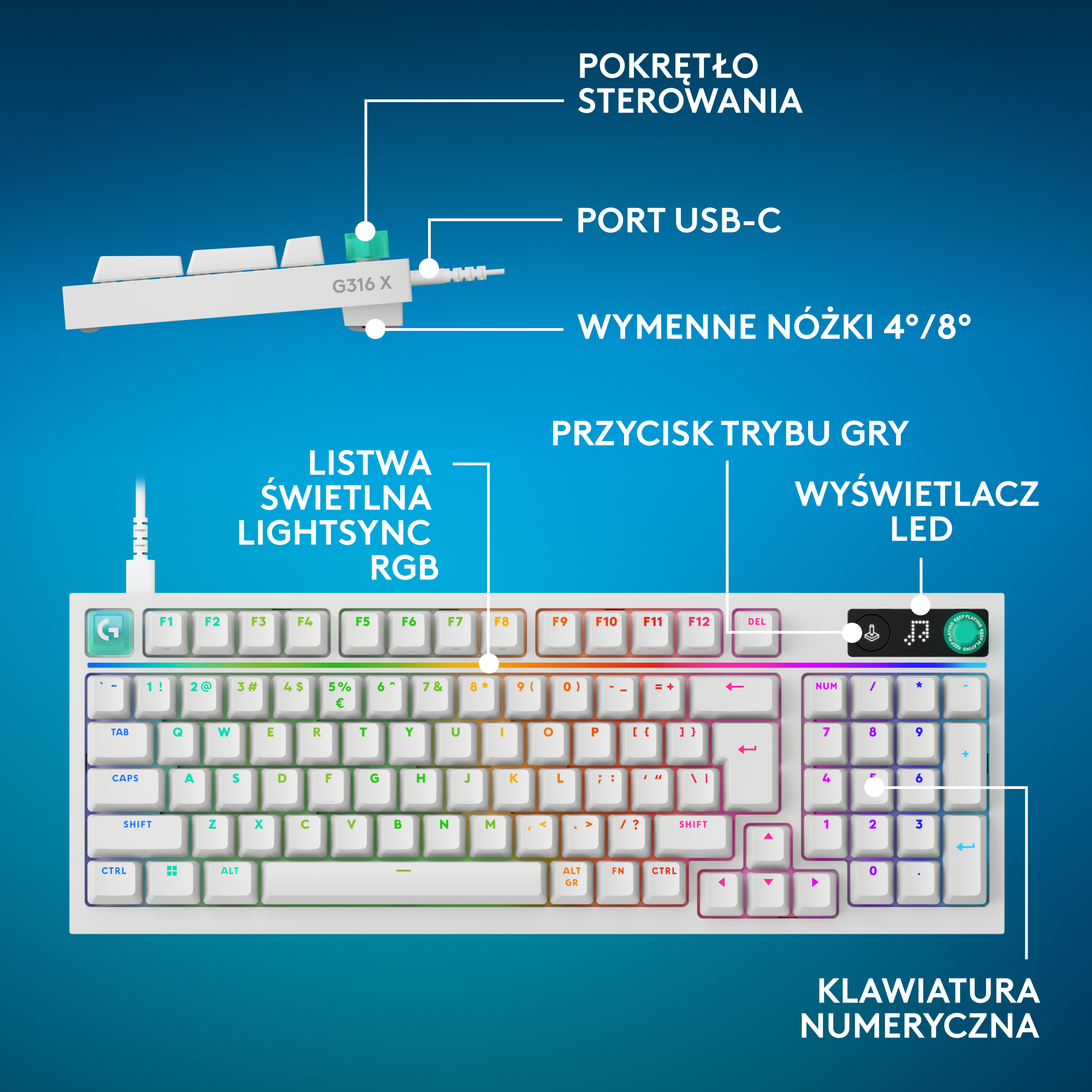 Biała klawiatura gamingowa z podświetleniem RGB, portem USB-C i pokrętłem.
