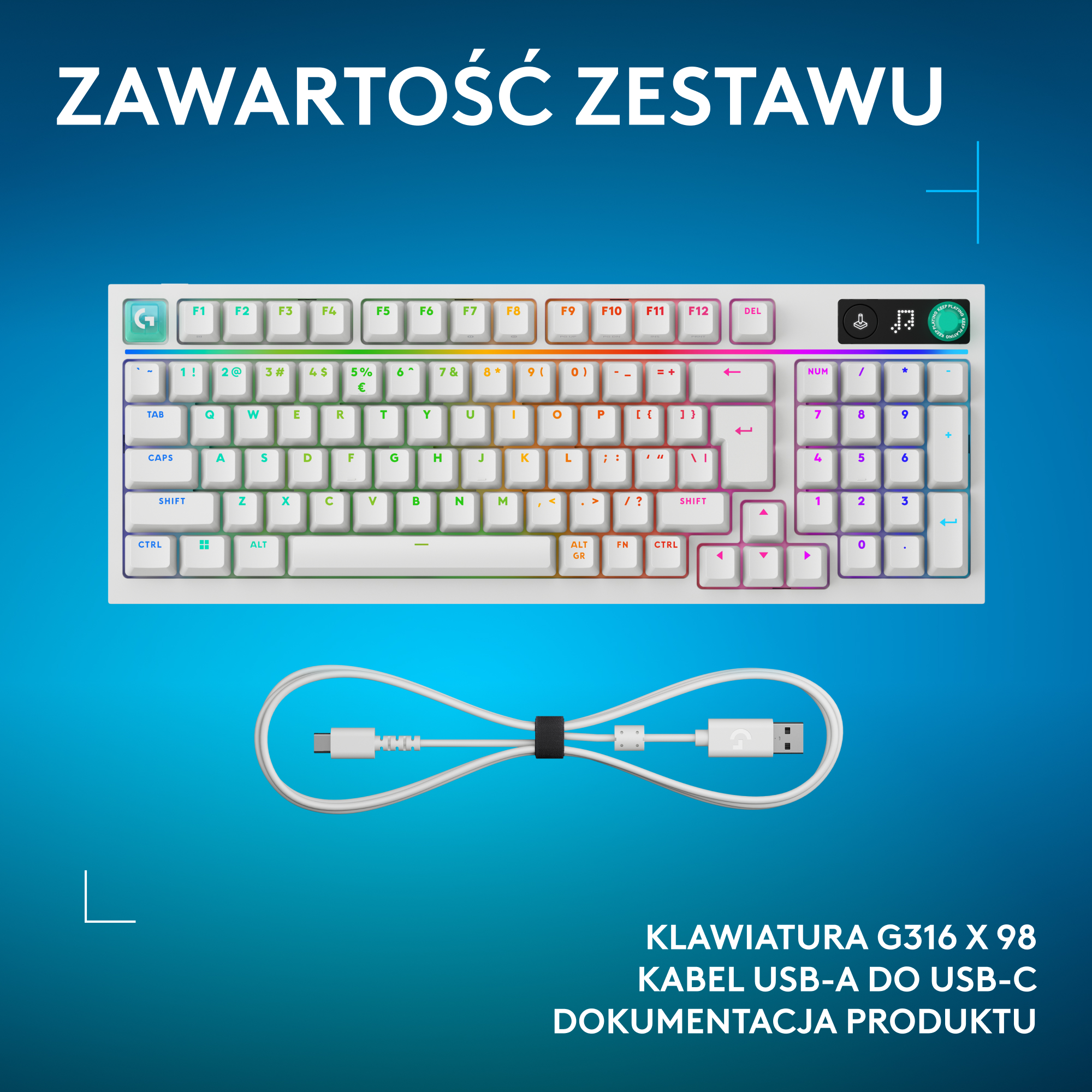 Biała klawiatura RGB i biały kabel USB-A do USB-C na niebieskim tle.