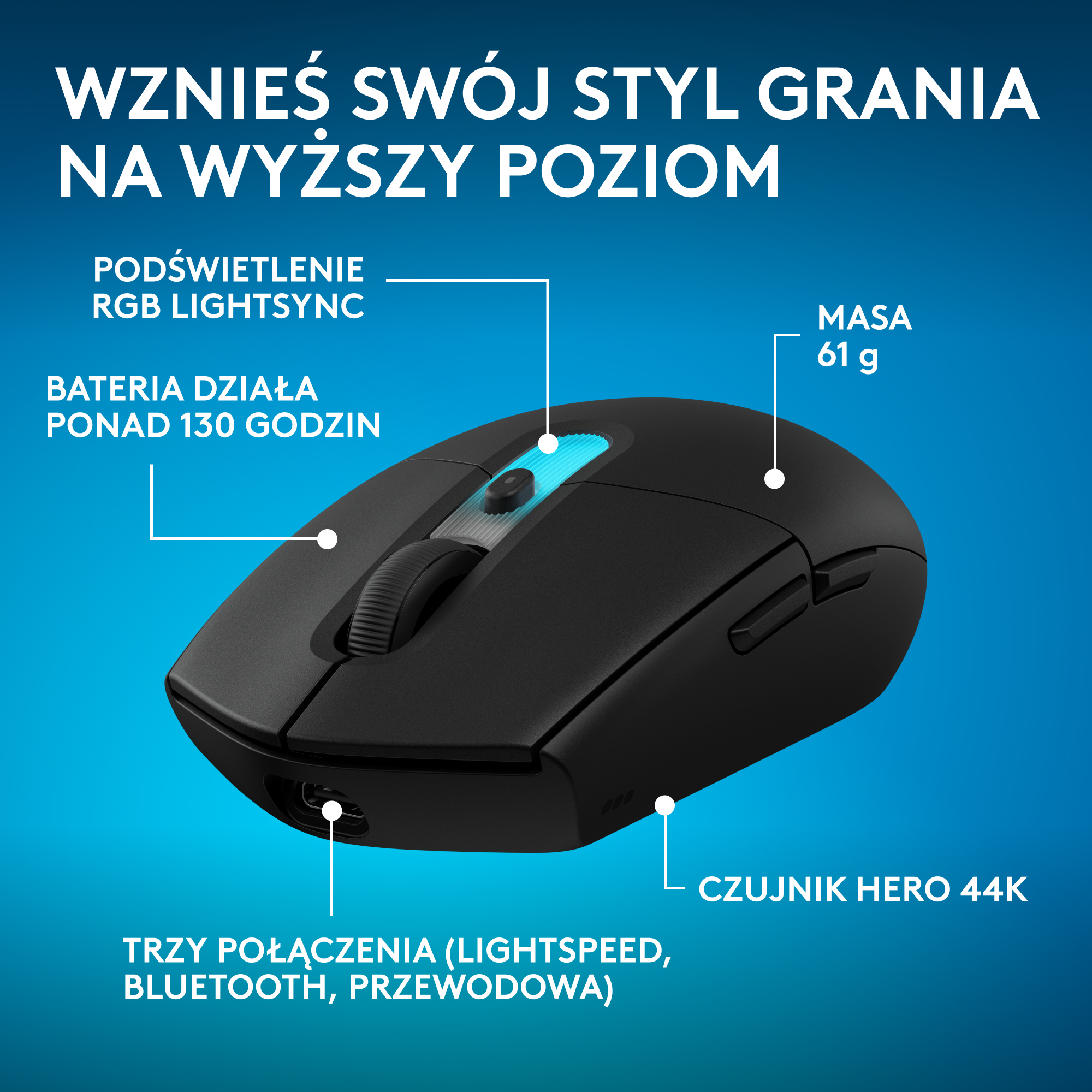 Czarna mysz gamingowa z podświetleniem RGB, 61g, bateria 130h, 3 połączenia, czujnik HERO 44K.