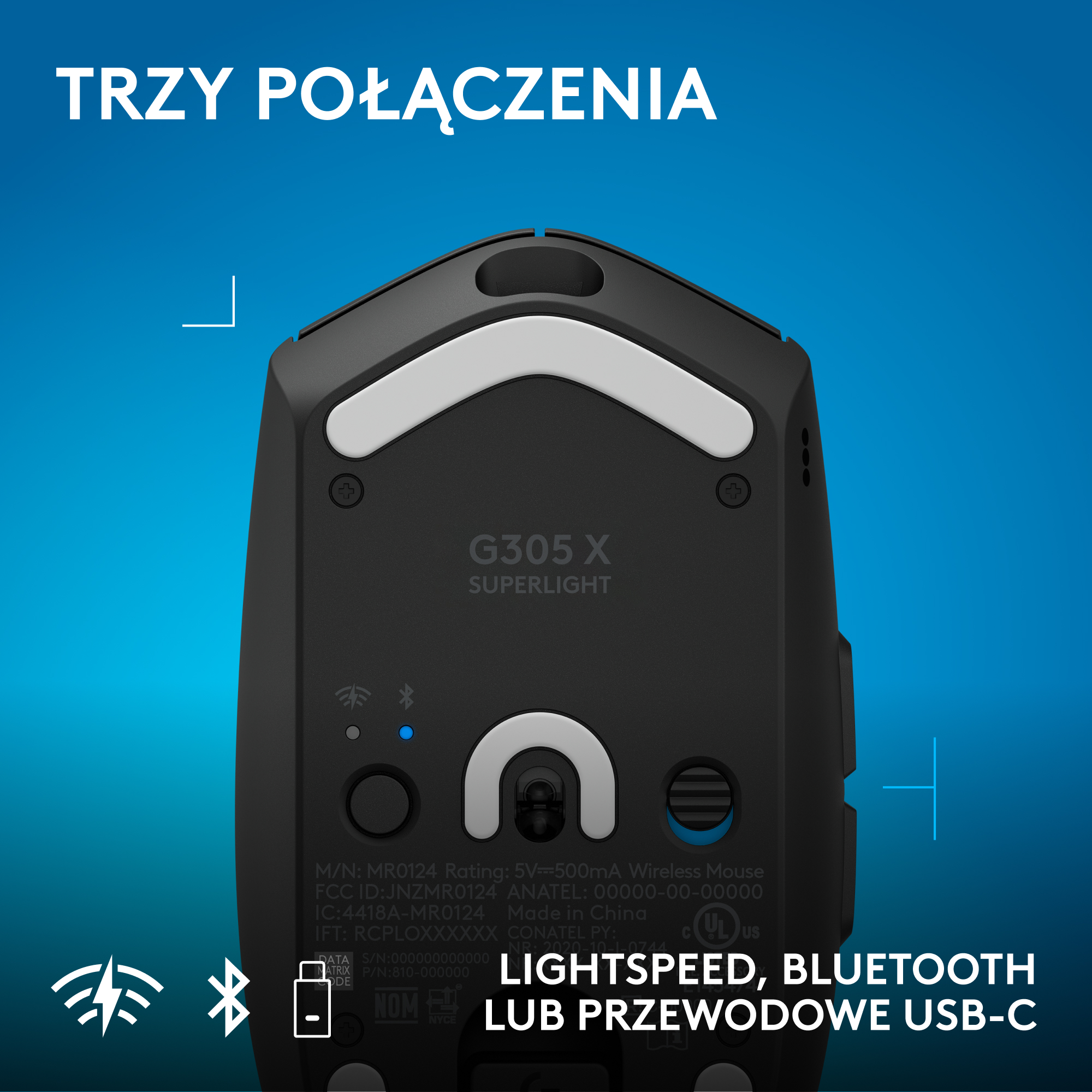 Mysz G305 X Superlight, czarna z białymi akcentami, pokazana od spodu na niebieskim tle.