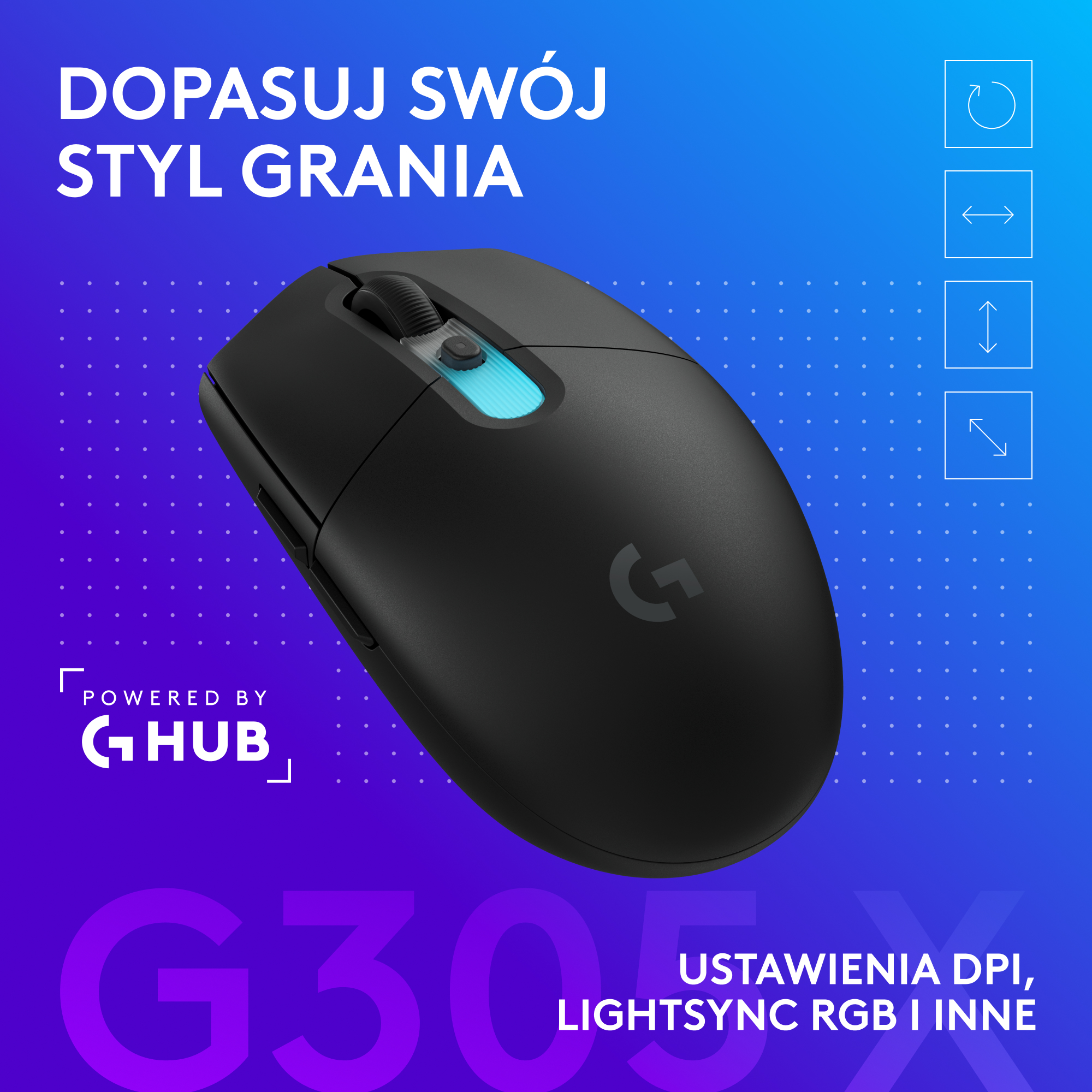 Czarna mysz gamingowa z niebieskim światłem, logo G Hub i tekst.