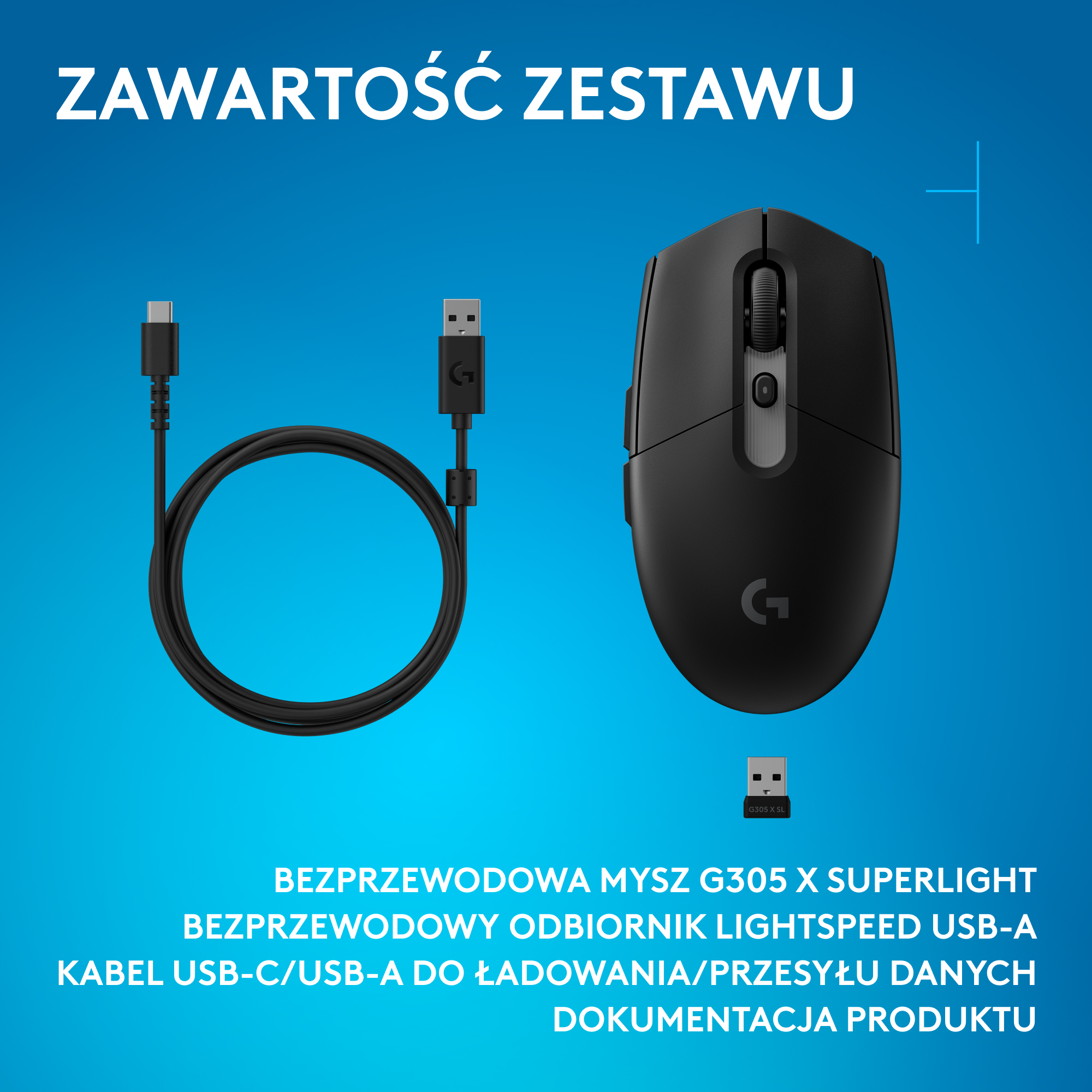 Czarna bezprzewodowa mysz Logitech G305 X Superlight z kablem USB-C i odbiornikiem.