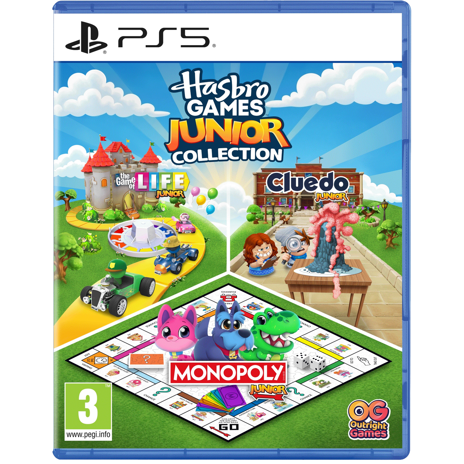 PS5 game cover for Hasbro Games Junior Collection featuring Monopoly, Cluedo, The Game of Life.