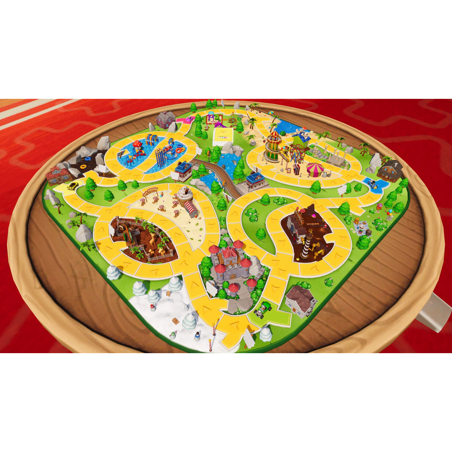 Game board with winding yellow paths, parks, houses, snow, and water.