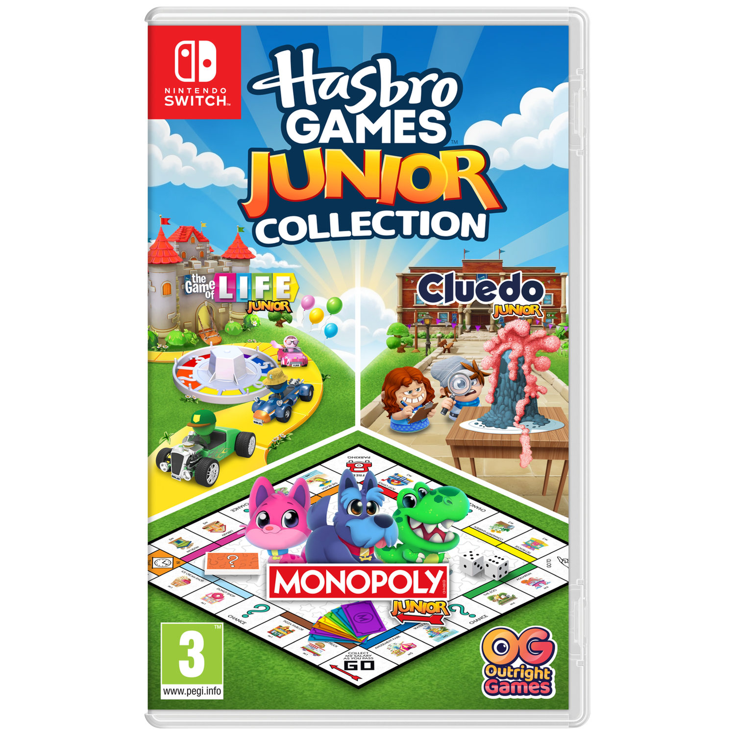 Cover of Hasbro Games Junior Collection game featuring Monopoly, Cluedo, and The Game of Life.