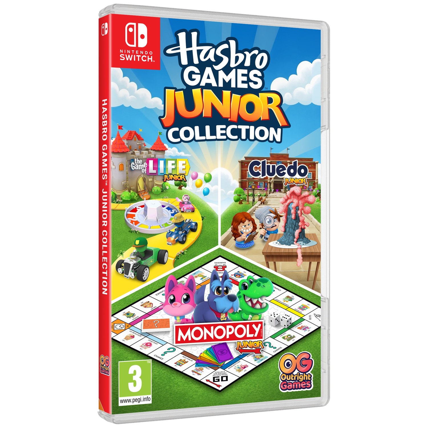 A white Nintendo Switch game case for "Hasbro Games Junior Collection" featuring characters and elements from Monopoly, Cluedo, and The Game of Life.