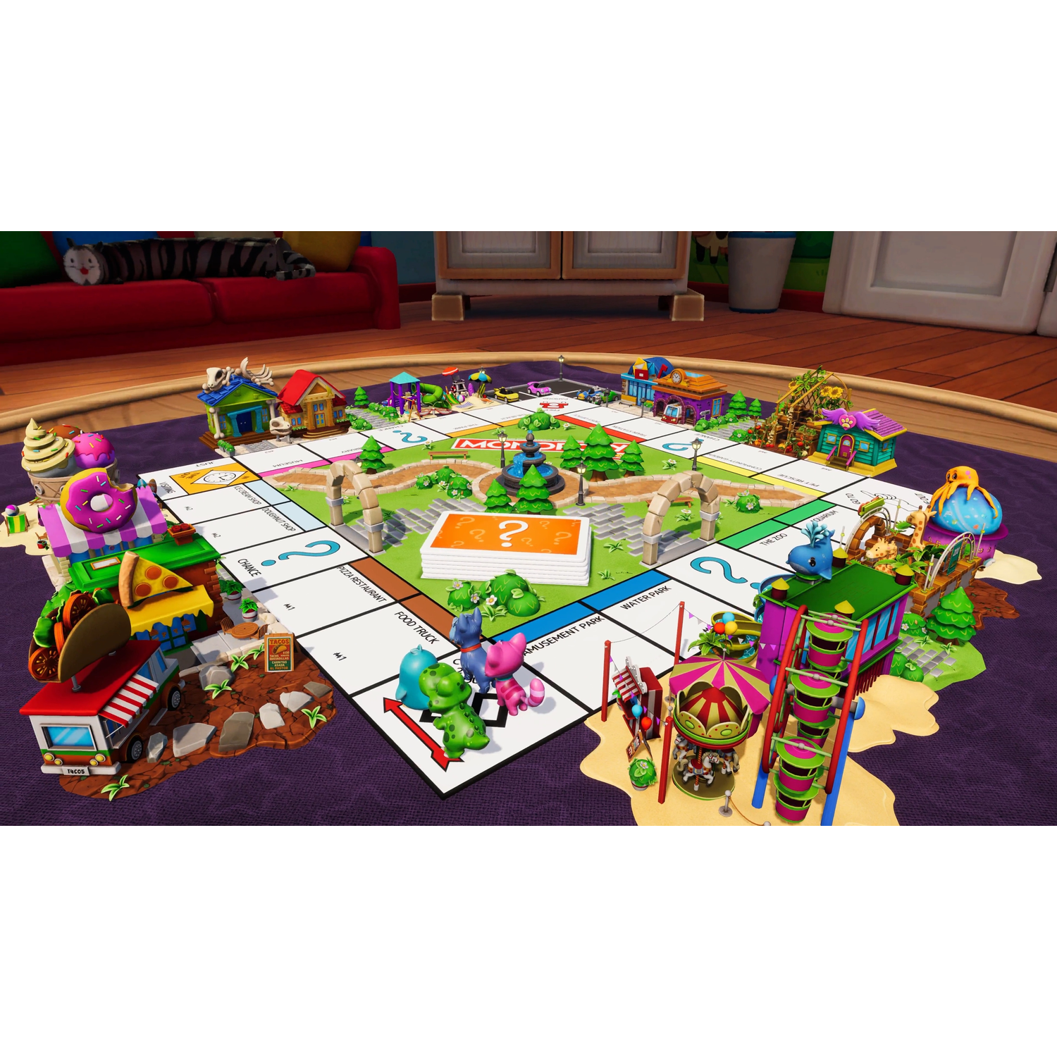 Monopoly board with colorful miniature attractions like a food truck and amusement park.