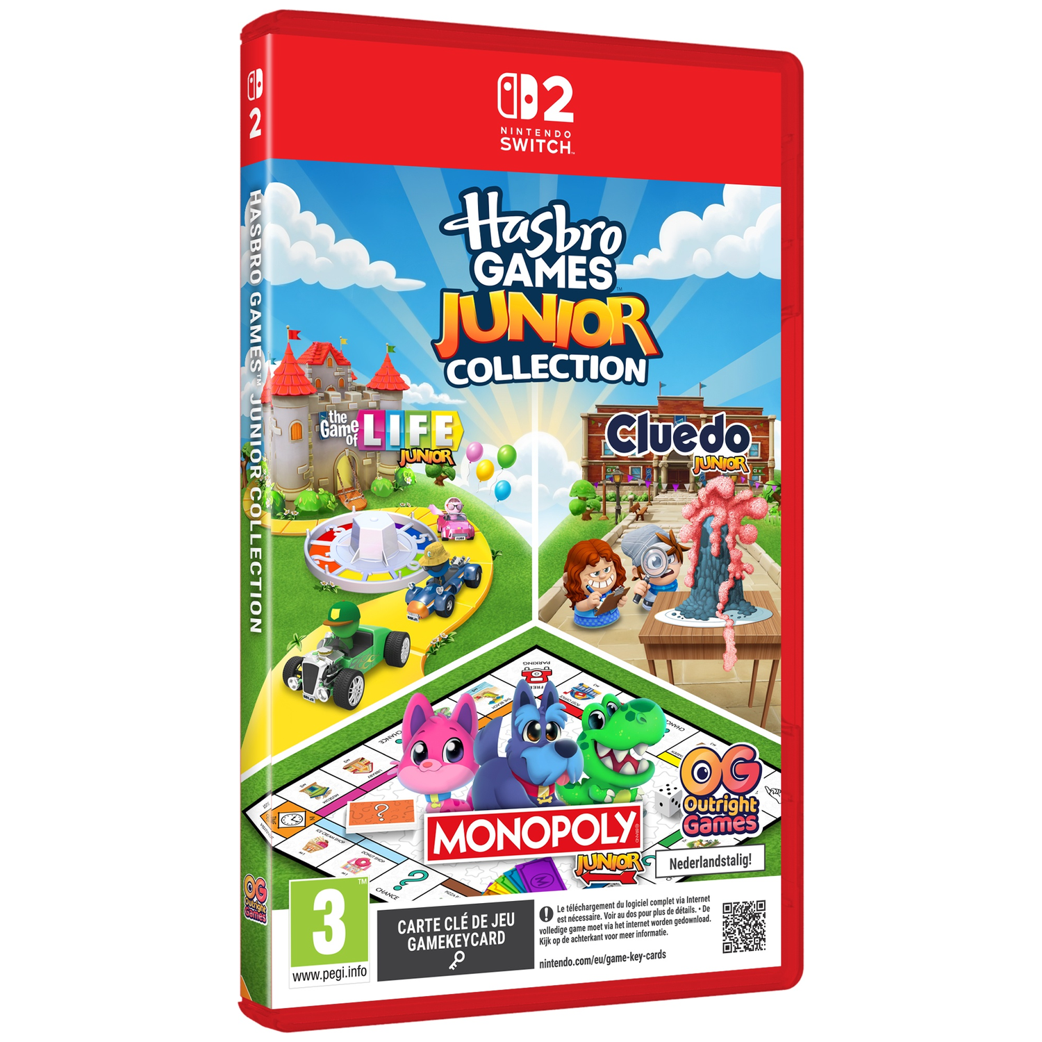 Red Nintendo Switch game case for "Hasbro Games Junior Collection" featuring characters and scenes from Monopoly, Life, and Cluedo.