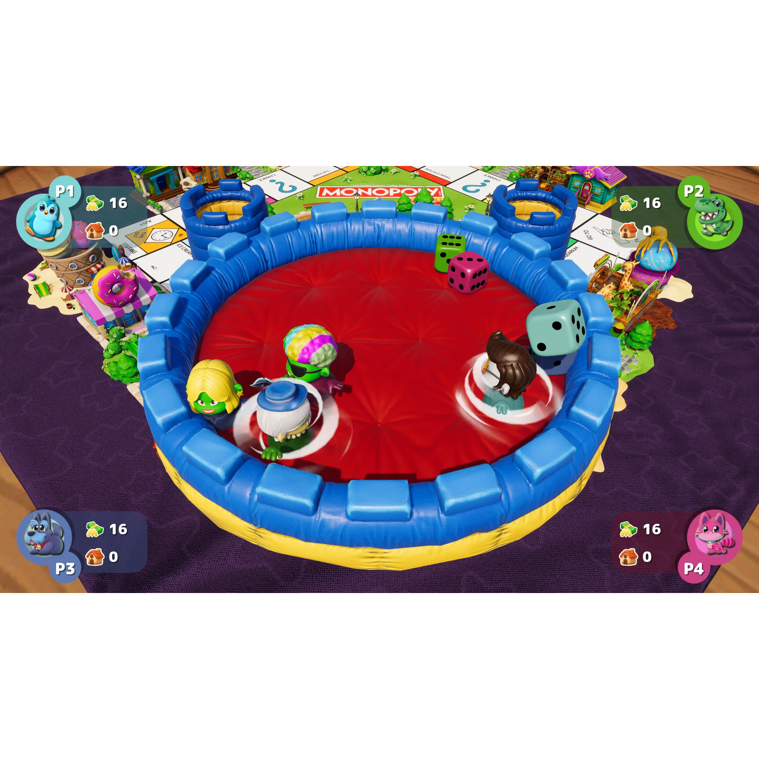 A Monopoly board game with a central blue and yellow inflatable ring, containing red dice and character tokens.