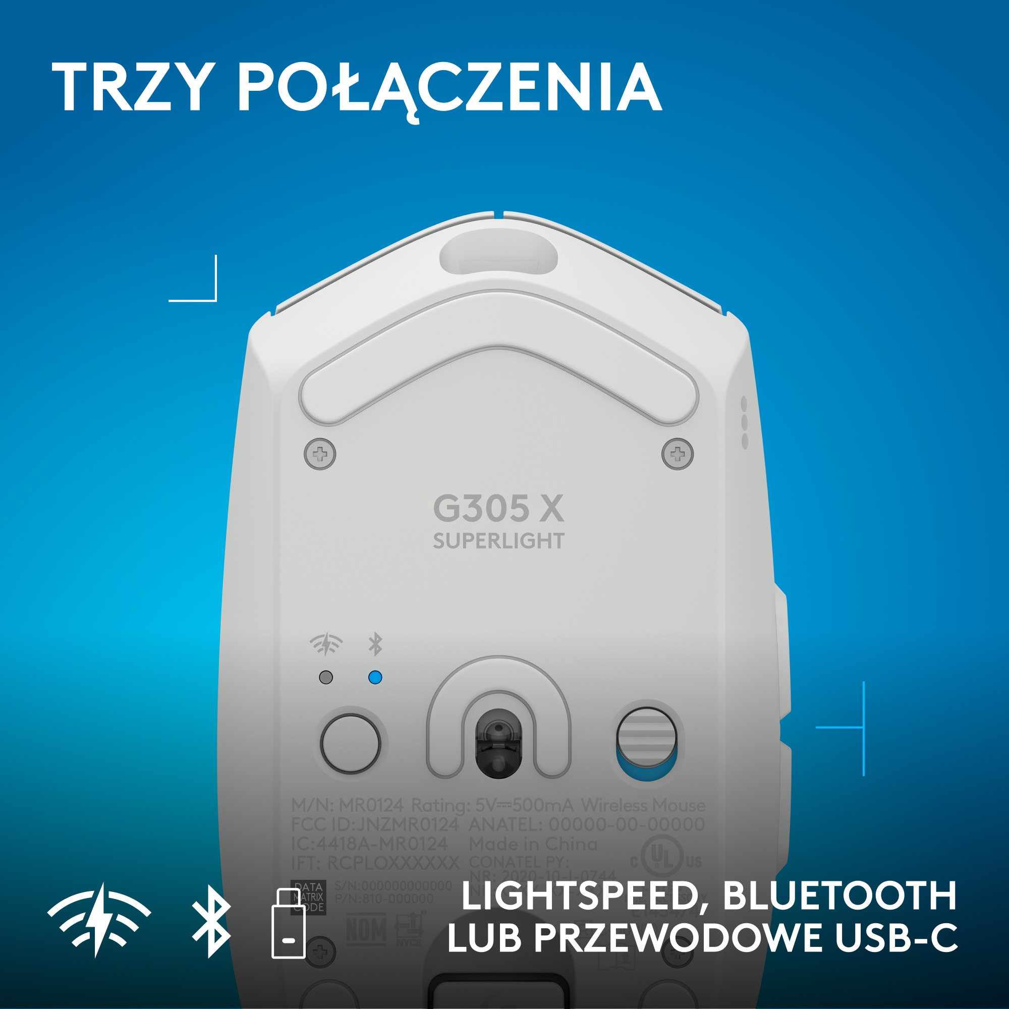 Biała mysz G305 X Superlight na niebieskim tle z tekstem o typach połączeń.
