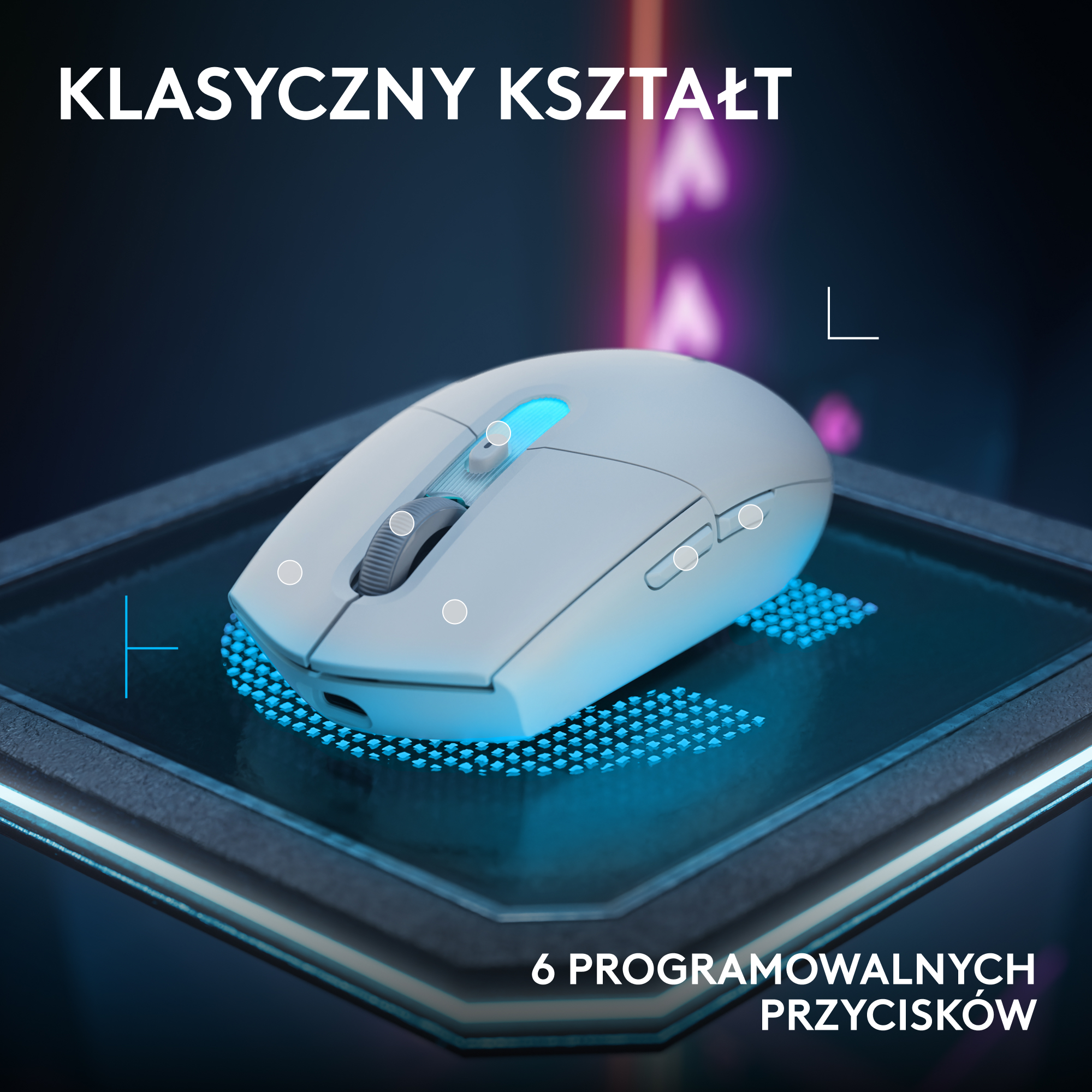 Biała mysz komputerowa z niebieskimi światłami na ciemnym, futurystycznym tle.