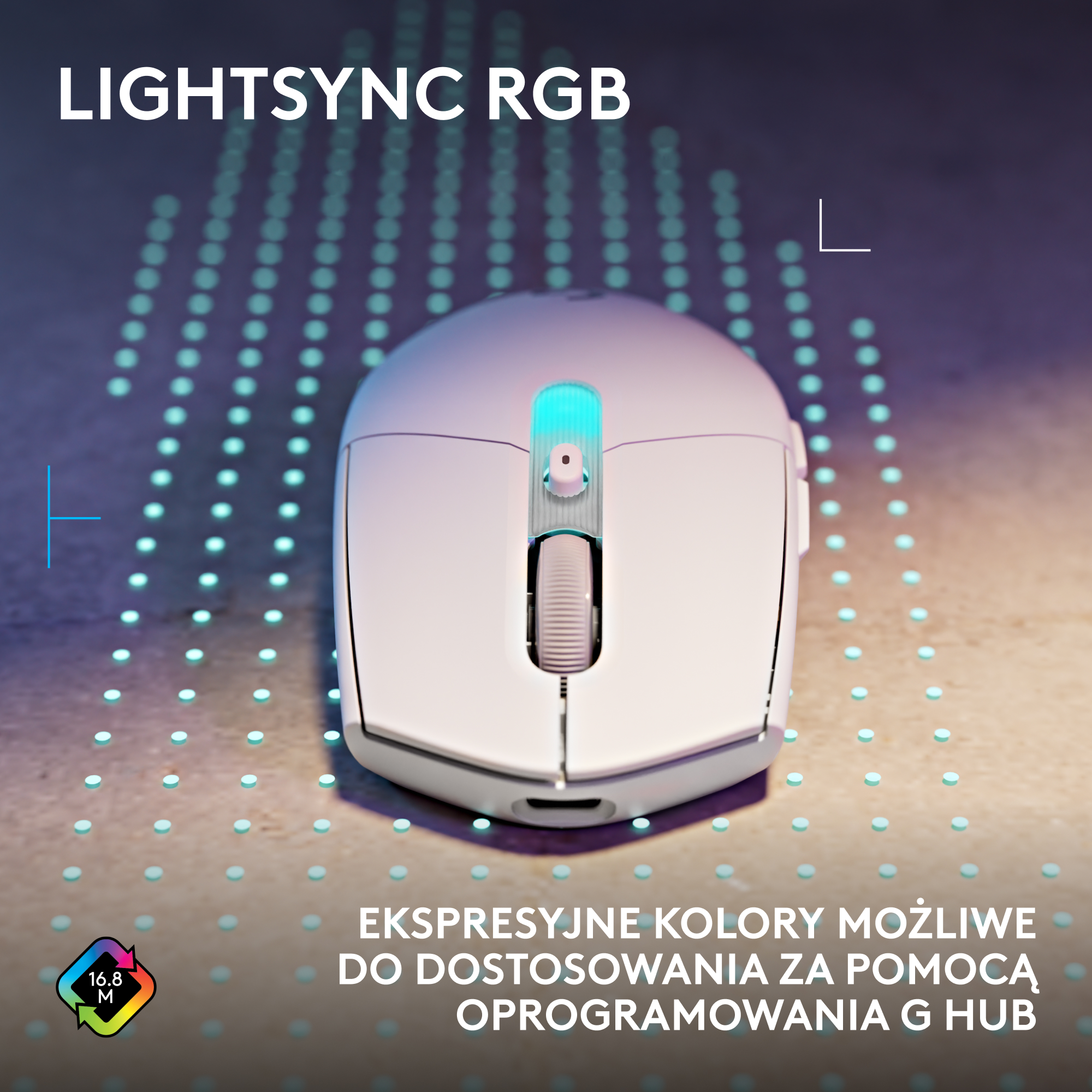 Biała mysz komputerowa z podświetlanym na niebiesko kółkiem przewijania leży na wzorzystej powierzchni. Napis „LIGHTSYNC RGB” znajduje się w lewym górnym rogu.