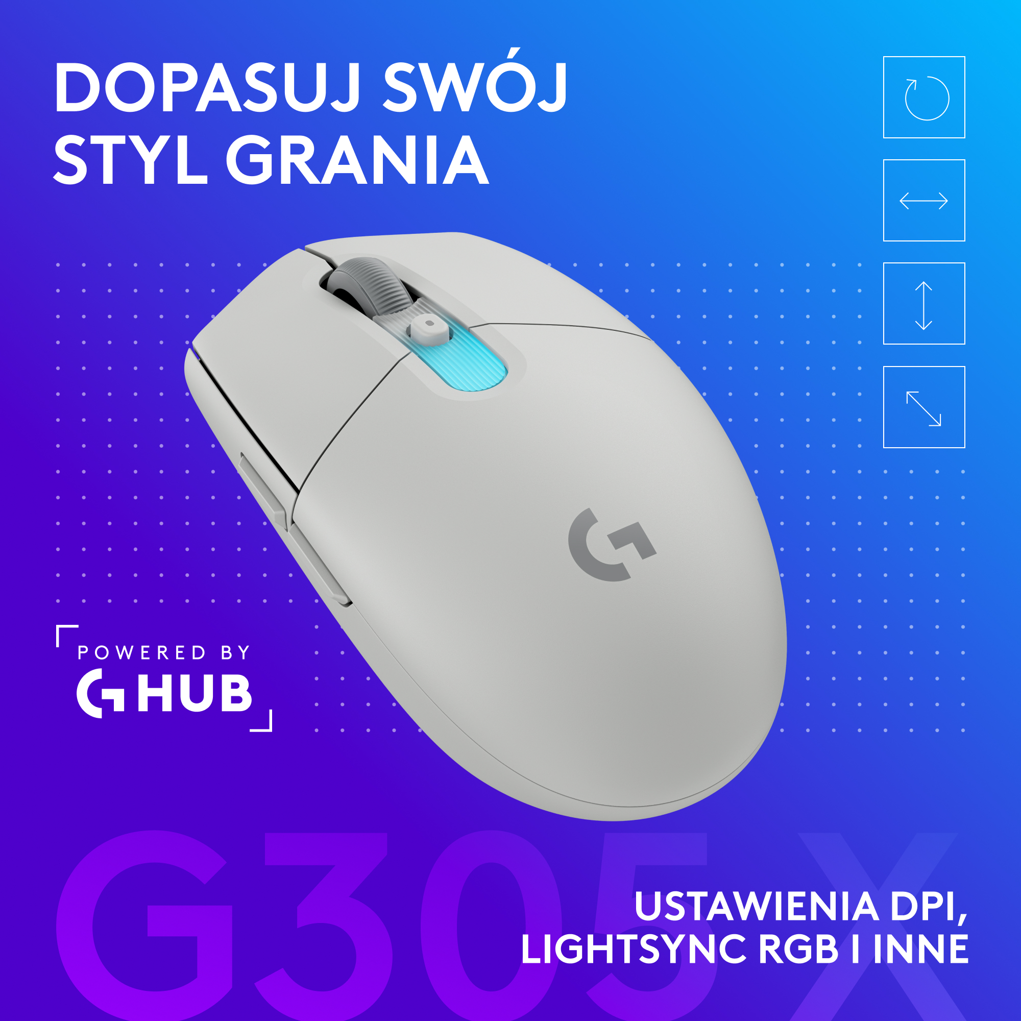 Biała mysz gamingowa z logo Logitech i niebieskimi akcentami. Polski tekst.