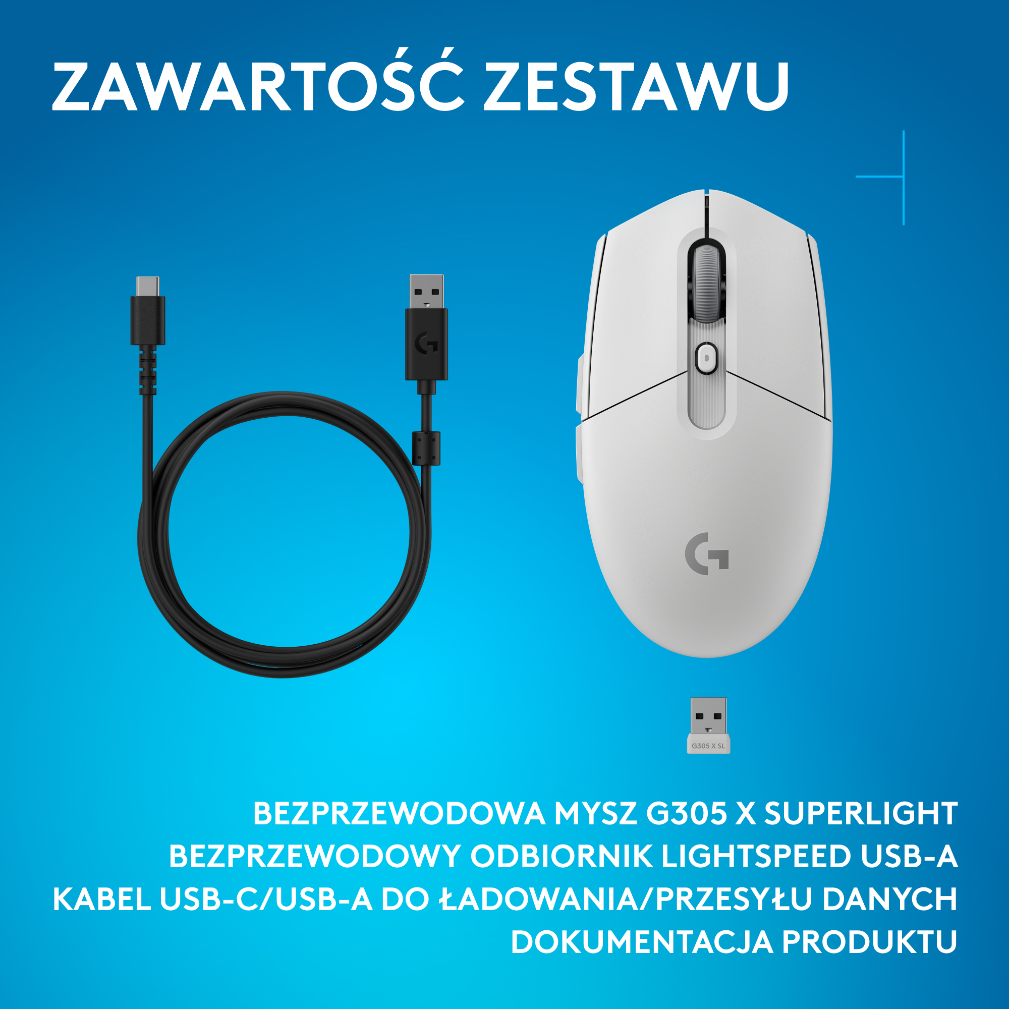 Biały zestaw myszy Logitech G z kablem i odbiornikiem USB.