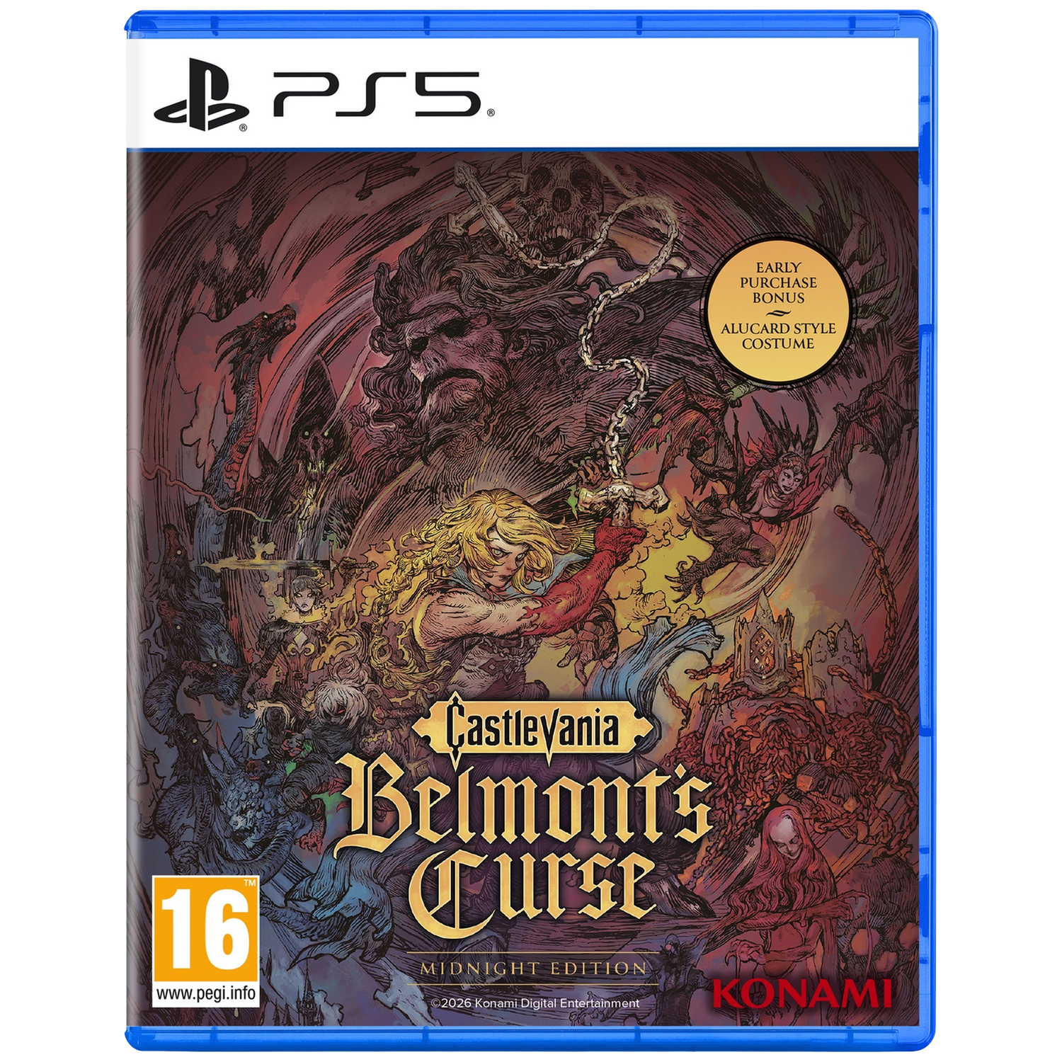 Couverture du jeu Castlevania Belmont's Curse PS5 avec art fantastique et PEGI 16.