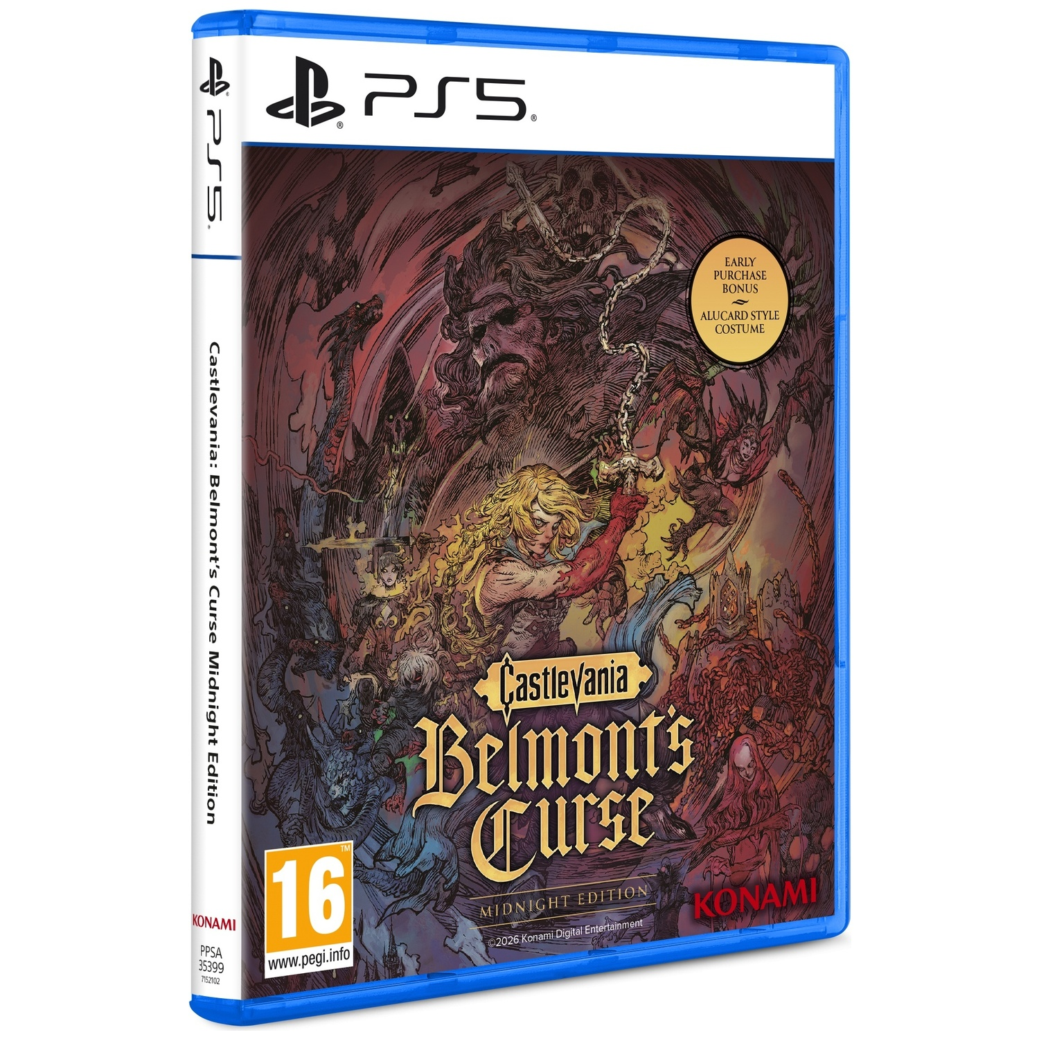 Boîtier de jeu PS5 Castlevania: Belmont's Curse Midnight Edition avec artwork et classification 16+.