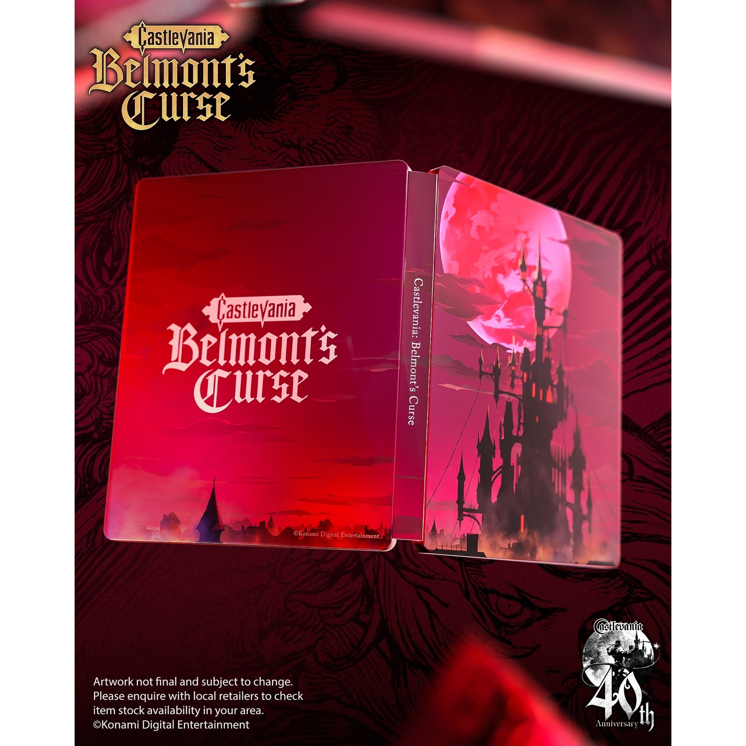 Boîte Castlevania Belmont's Curse avec château et lune rouge. Titre à gauche, château à droite.