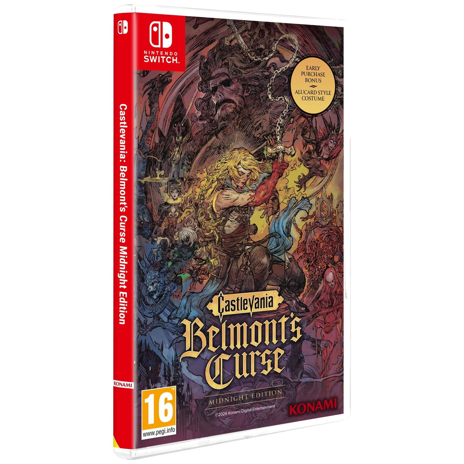 Boîtier de jeu Nintendo Switch pour Castlevania: Belmont's Curse. L'illustration montre un chevalier combattant des monstres.
