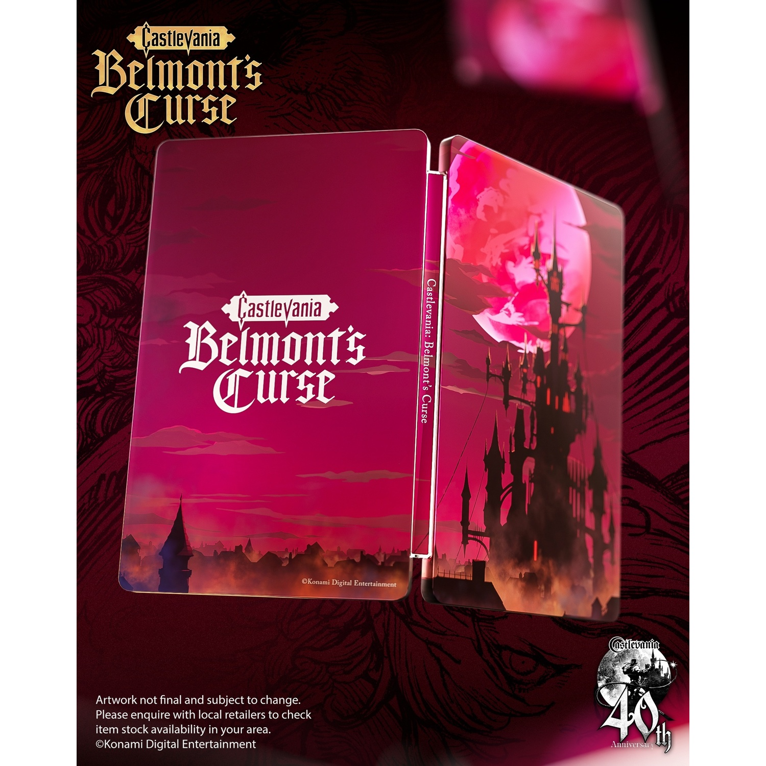 Boîtier métal Castlevania Belmont's Curse avec art de château et lune. Logo 40 ans Konami.