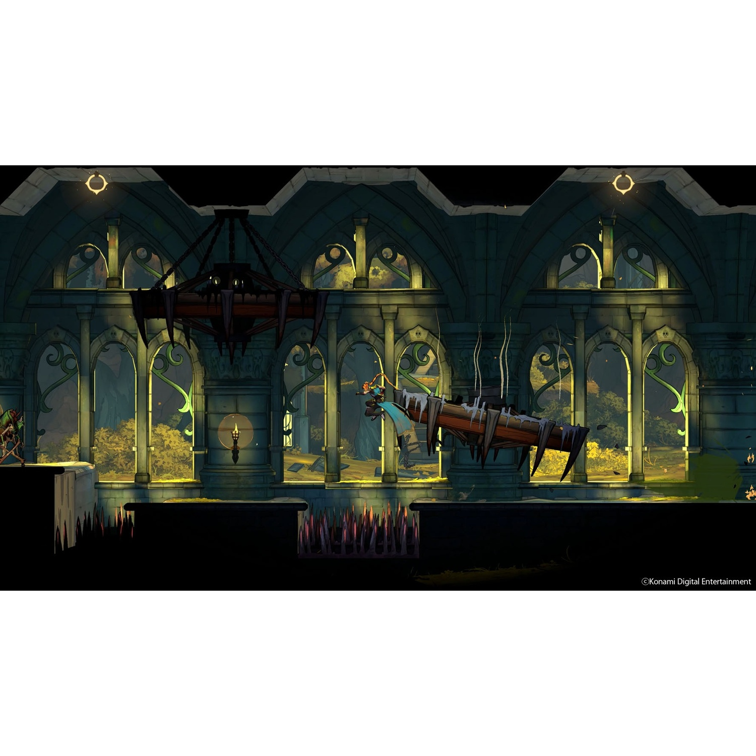 Un personnage saute par-dessus des pointes acérées dans un sombre hall gothique.