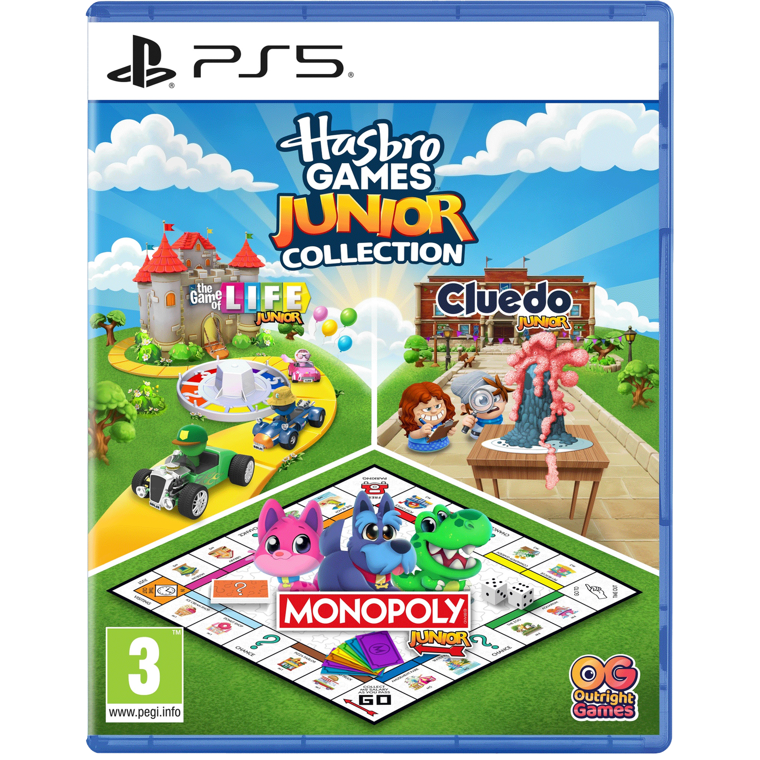 PS5-gamecover voor Hasbro Games Junior Collection, met Levensweg, Cluedo en Monopoly Junior.