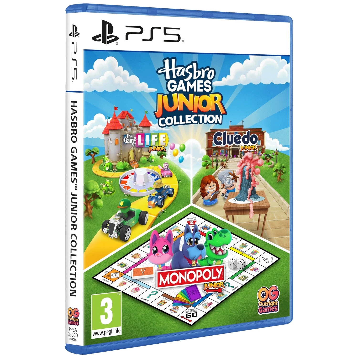PS5-gamehoes voor Hasbro Games Junior Collection, met Monopoly, Cluedo en Life Junior bordspellen.