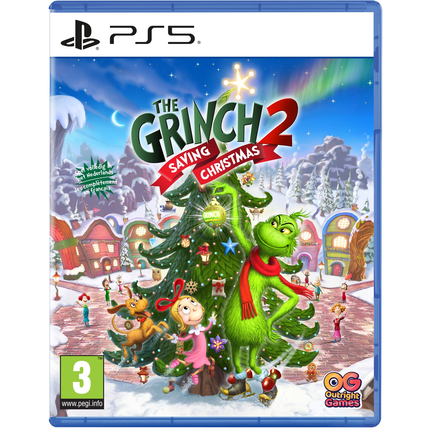 De Grinch versiert een kerstboom in een besneeuwd dorp, met Cindy Lou Who en Max.