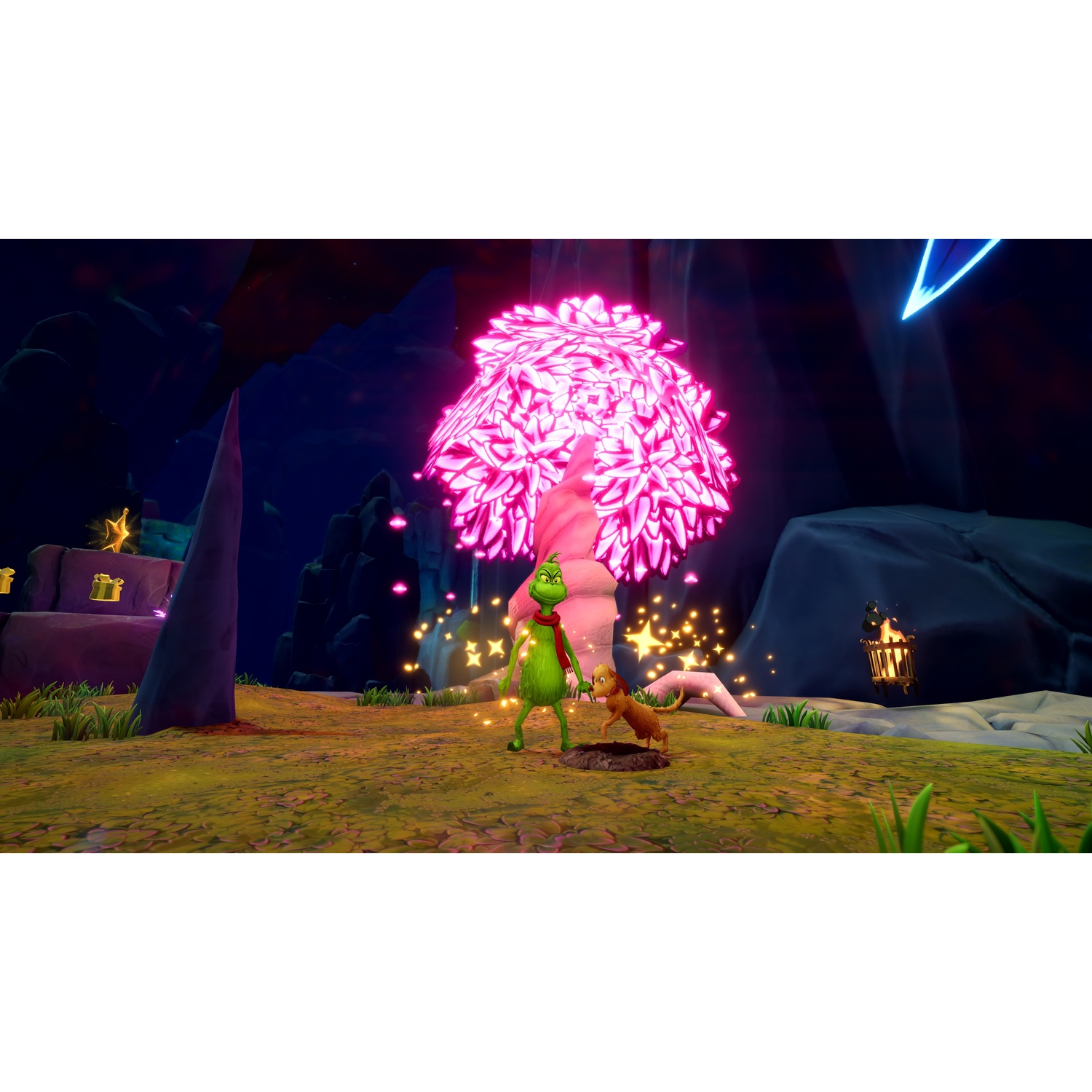 De Grinch en Max staan bij een gloeiende roze boom in een donker, magisch landschap met sterren.