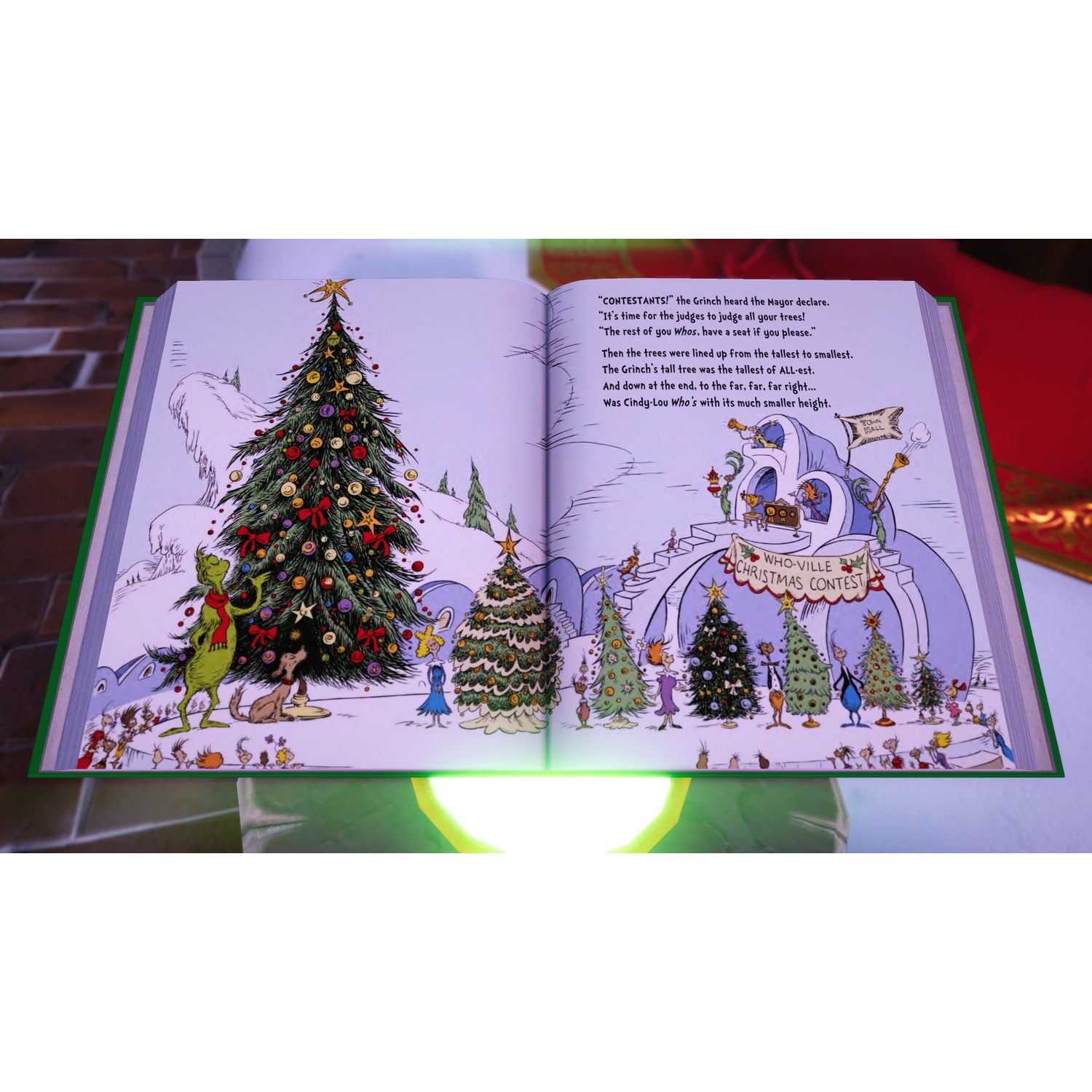De Grinch en Whos bewonderen kerstbomen op de Whoville-wedstrijd.