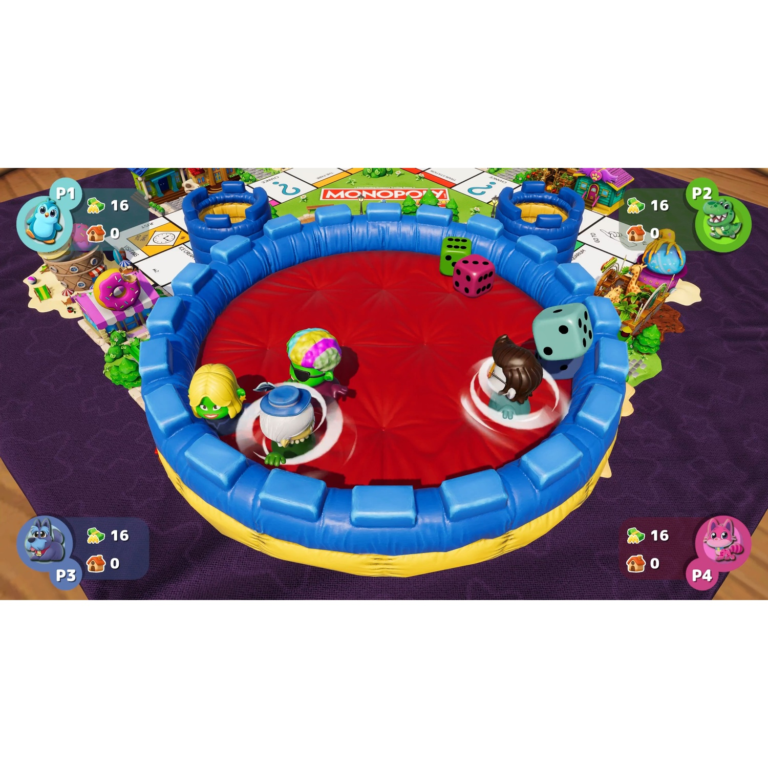 Een kleurrijk Monopoly-spel met figuren in een blauwe en gele opblaasbare ring.