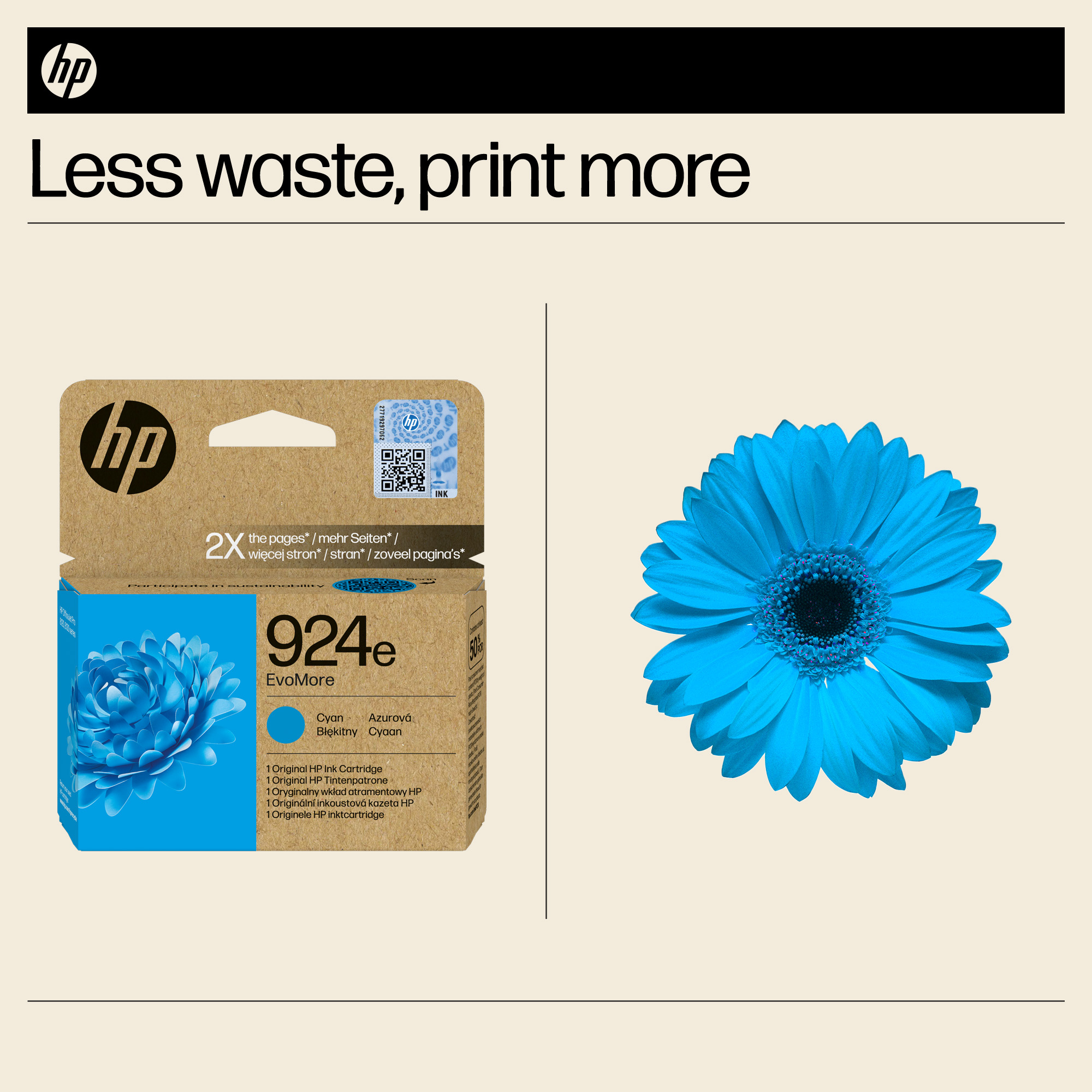 HP Tinte 924e Cyan auf Kartonschachtel neben blauer Blume.
