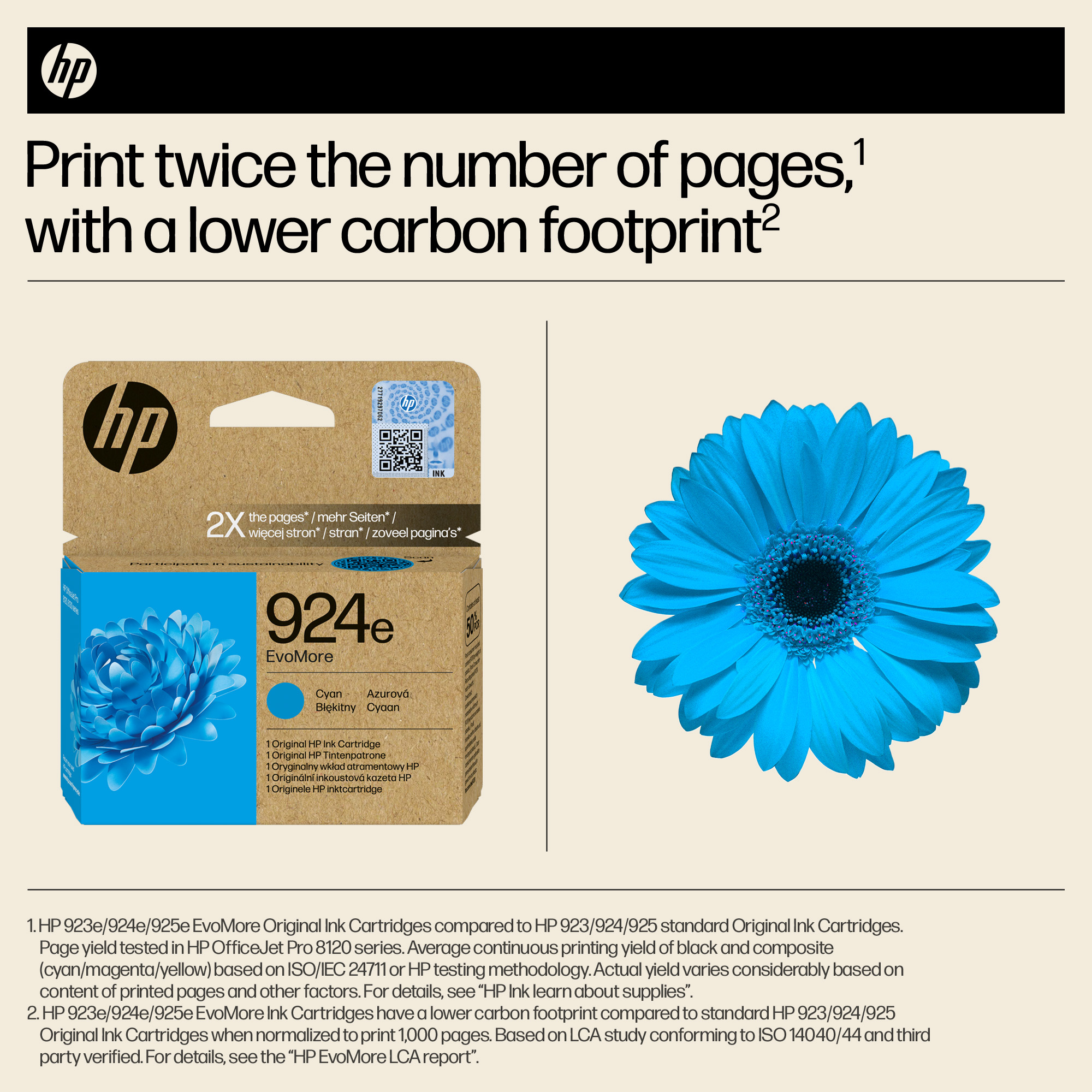 HP-Druckerpatrone 924e EvoMore Cyan neben einer blauen Blume.