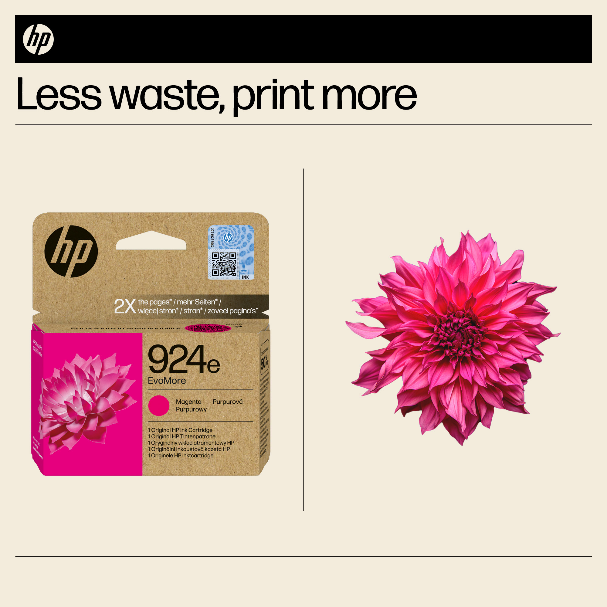 HP-Druckerpatrone und eine pinke Blüte auf hellem Hintergrund.