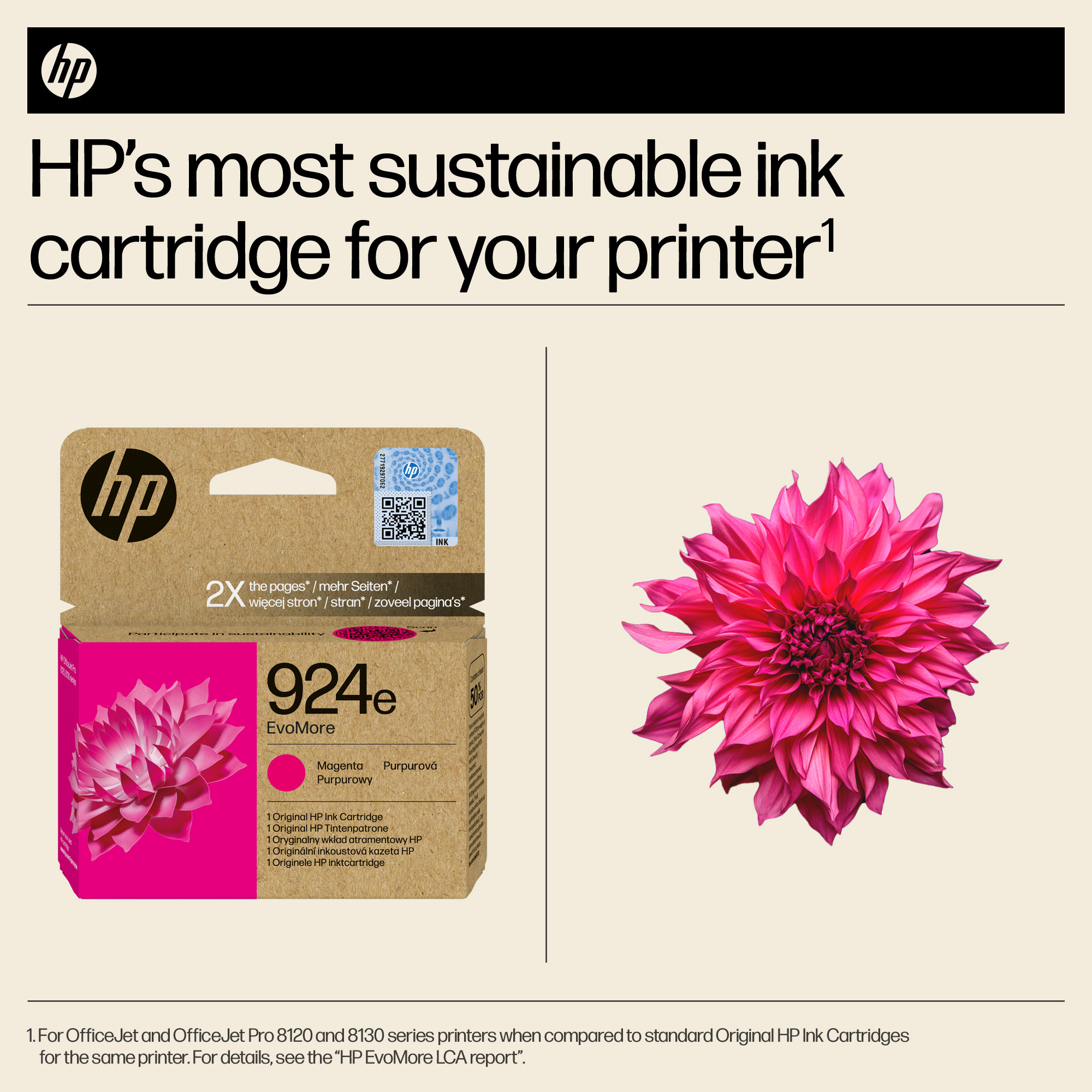 HP Tinte-Kartusche 924e EvoMore Magenta neben einer pinken Blüte.