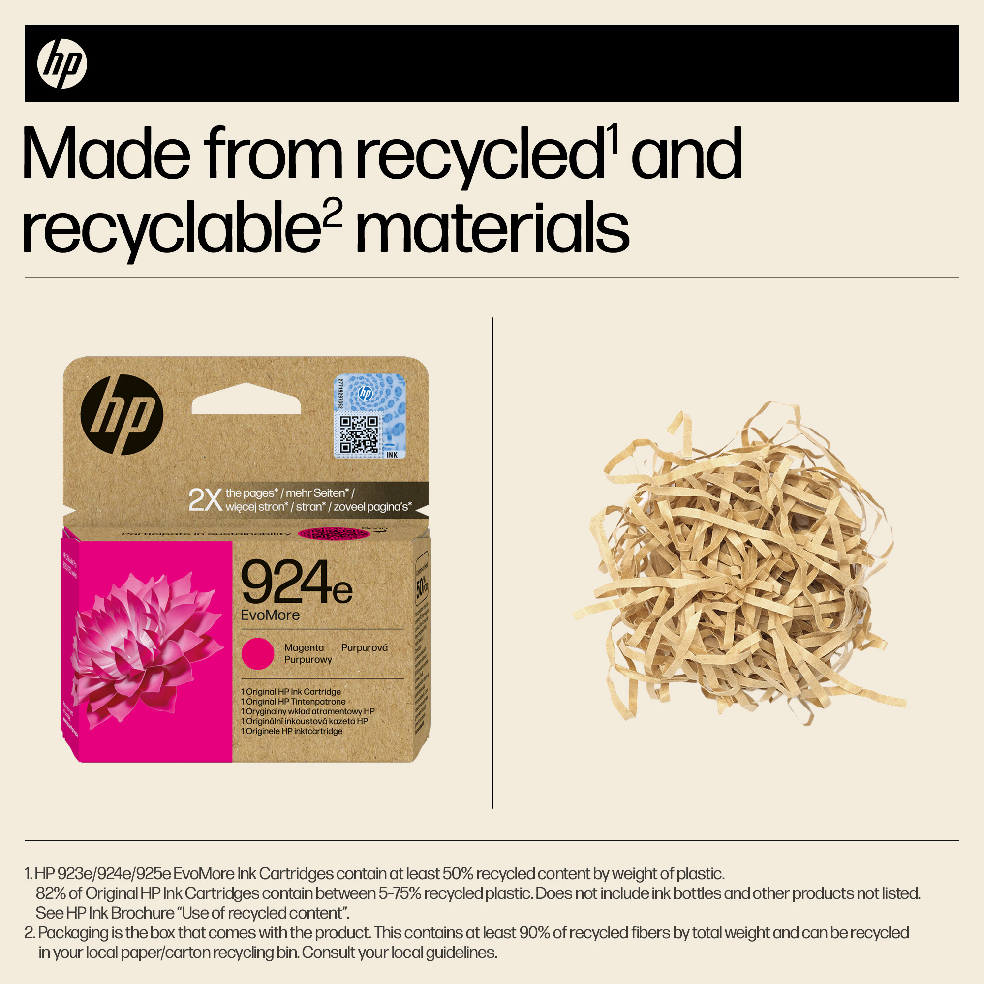 HP Tintenpatronenverpackung mit magentafarbenem Blumendesign und zerkleinerter Papierverpackung, die recycelte Materialien hervorhebt.