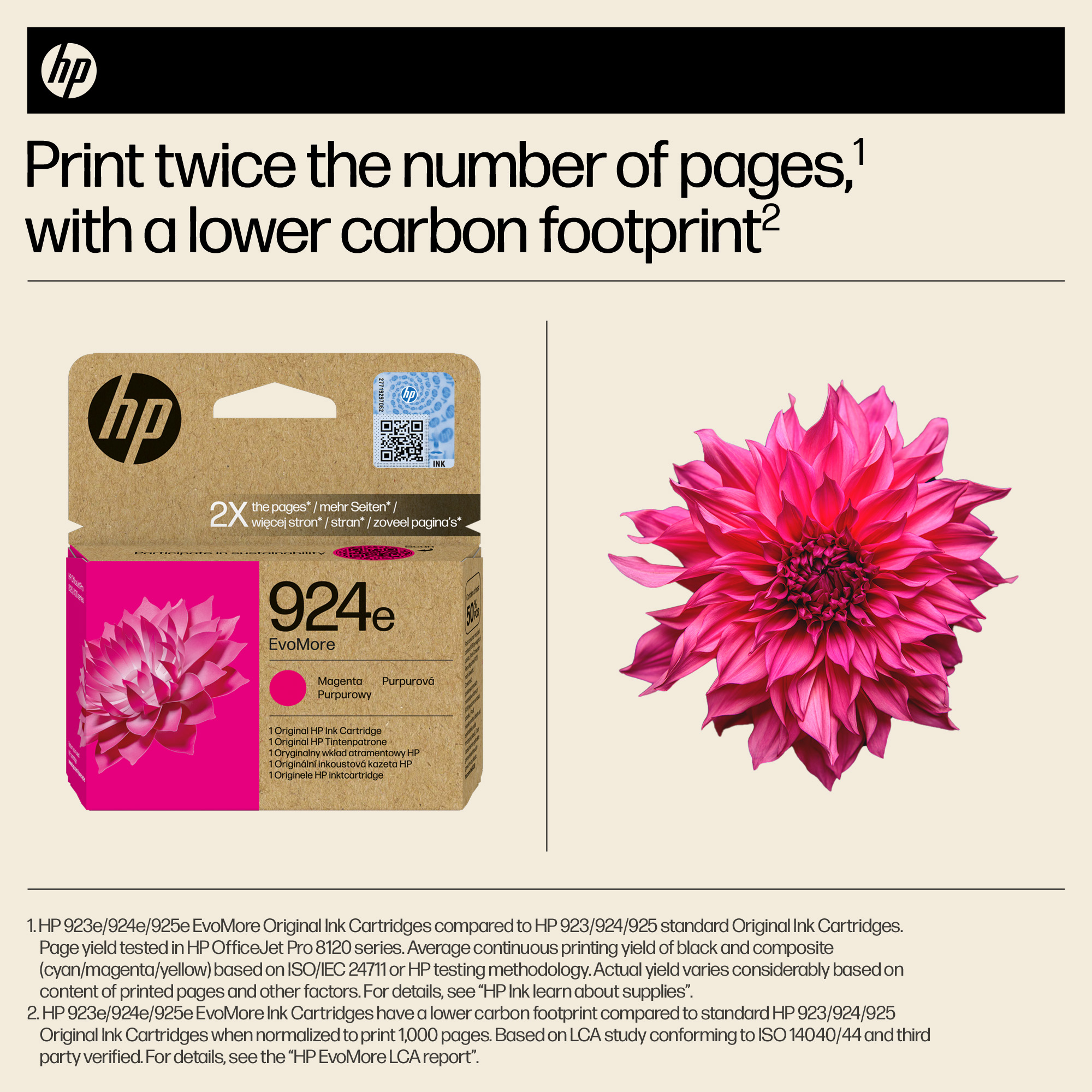 HP-Druckerpatrone 924e EvoMore Magenta neben einer rosa Blüte.