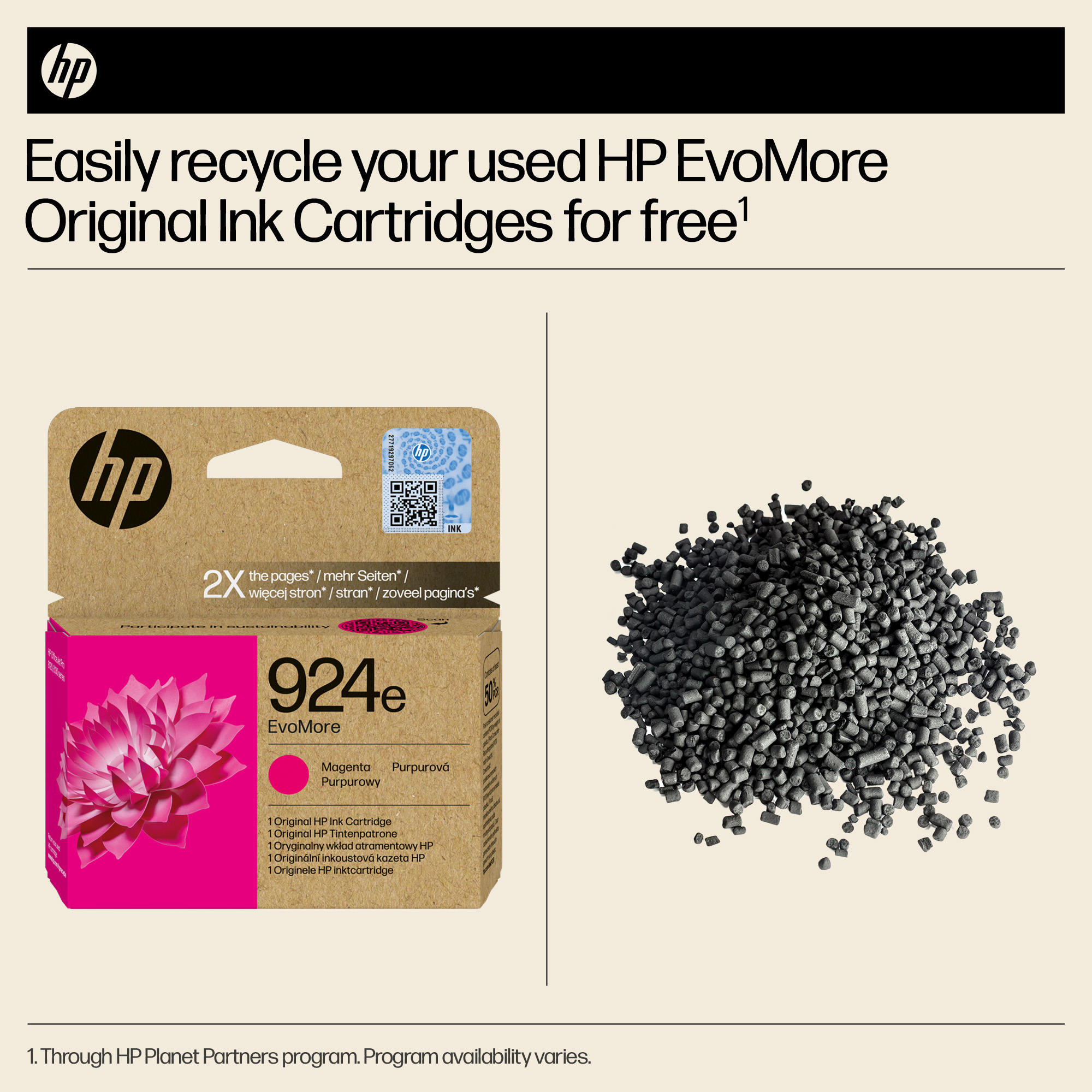 HP-Tintenpatrone 924e EvoMore Magenta mit Granulat daneben. Text über Recycling.