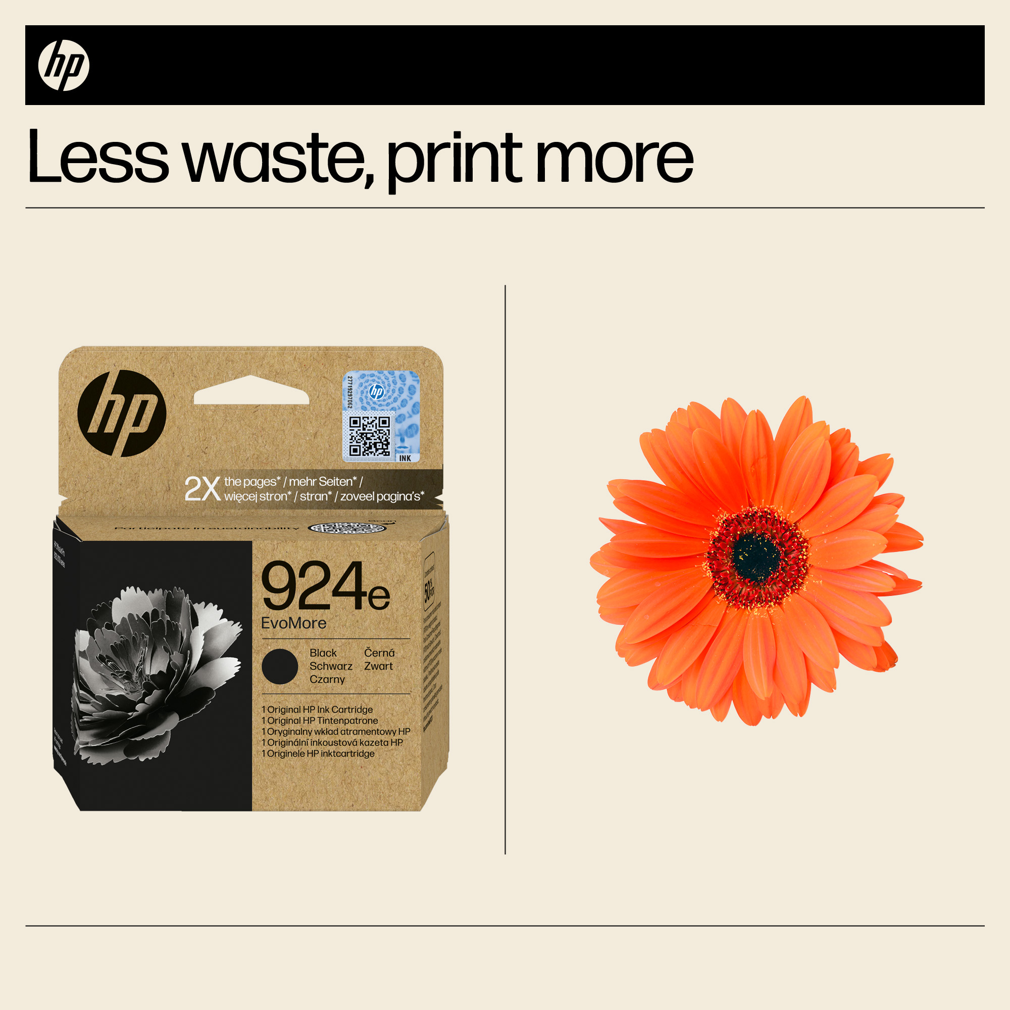Ein beiger Hintergrund mit einer schwarzen HP Tintenpatronenbox links und einer leuchtend orangen Blume rechts.