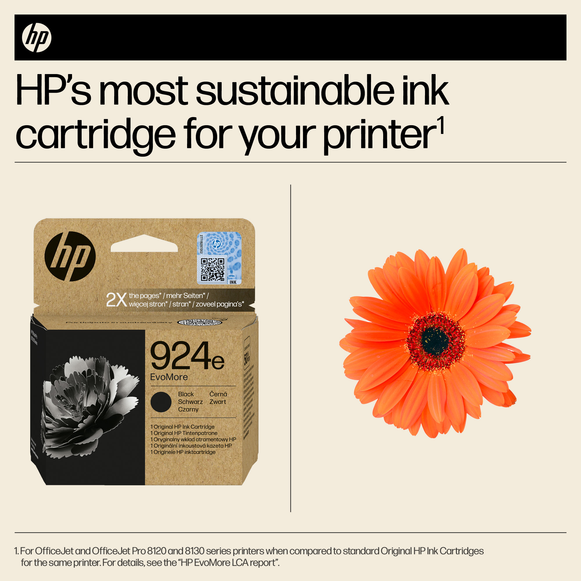 HP Tintenpatrone 924e EvoMore neben einer orangefarbenen Gerbera.