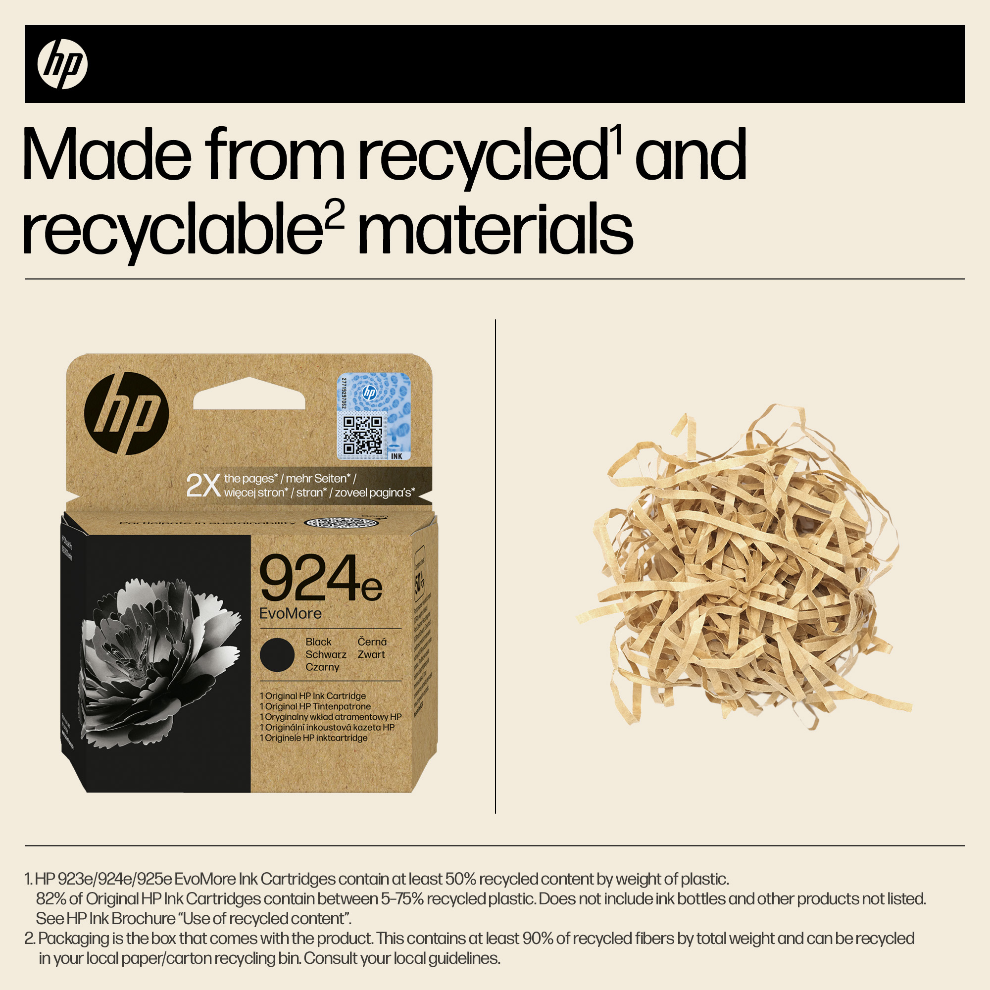 HP-Tintenpatrone 924e EvoMore in schwarzer Verpackung, daneben zerknülltes Papier.