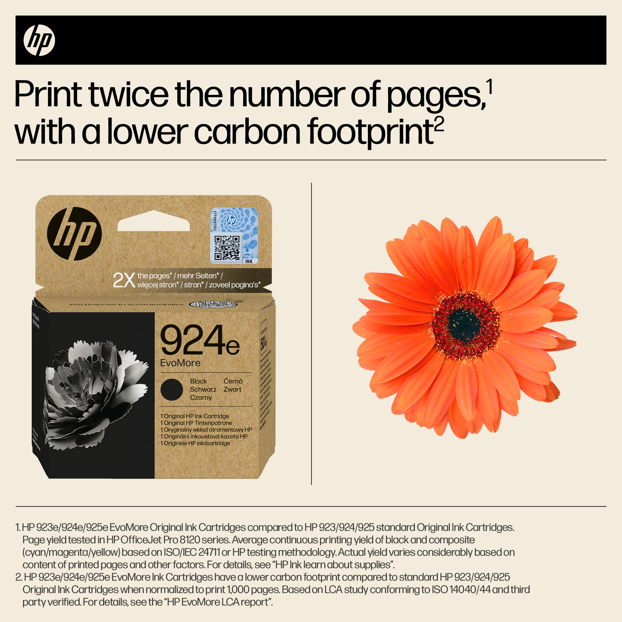 HP Tinte: Druckpatrone 924e neben einem orangefarbenen Gerber-Blumenkopf.