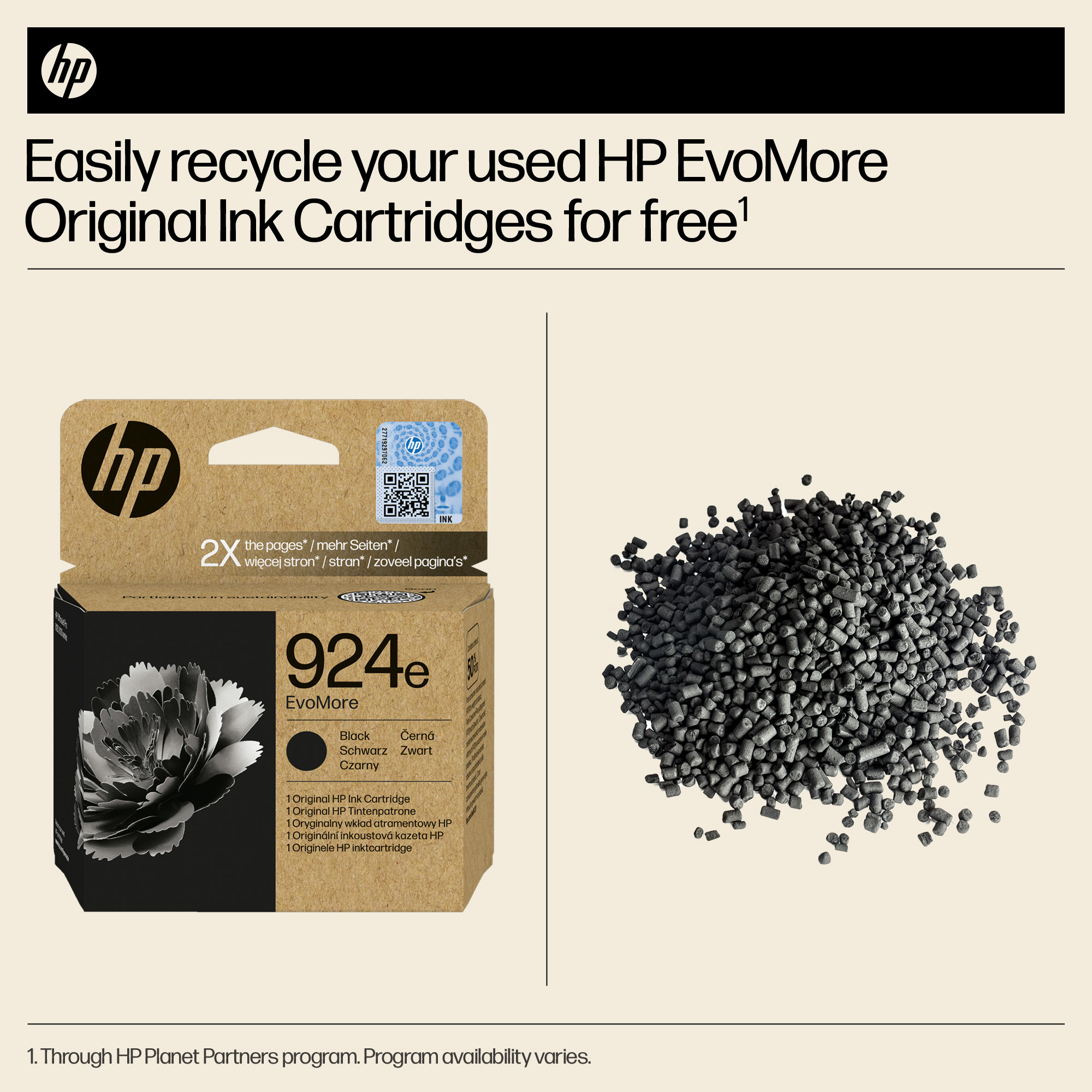 HP 924e Tintenpatrone und schwarze Granulatpartikel.
