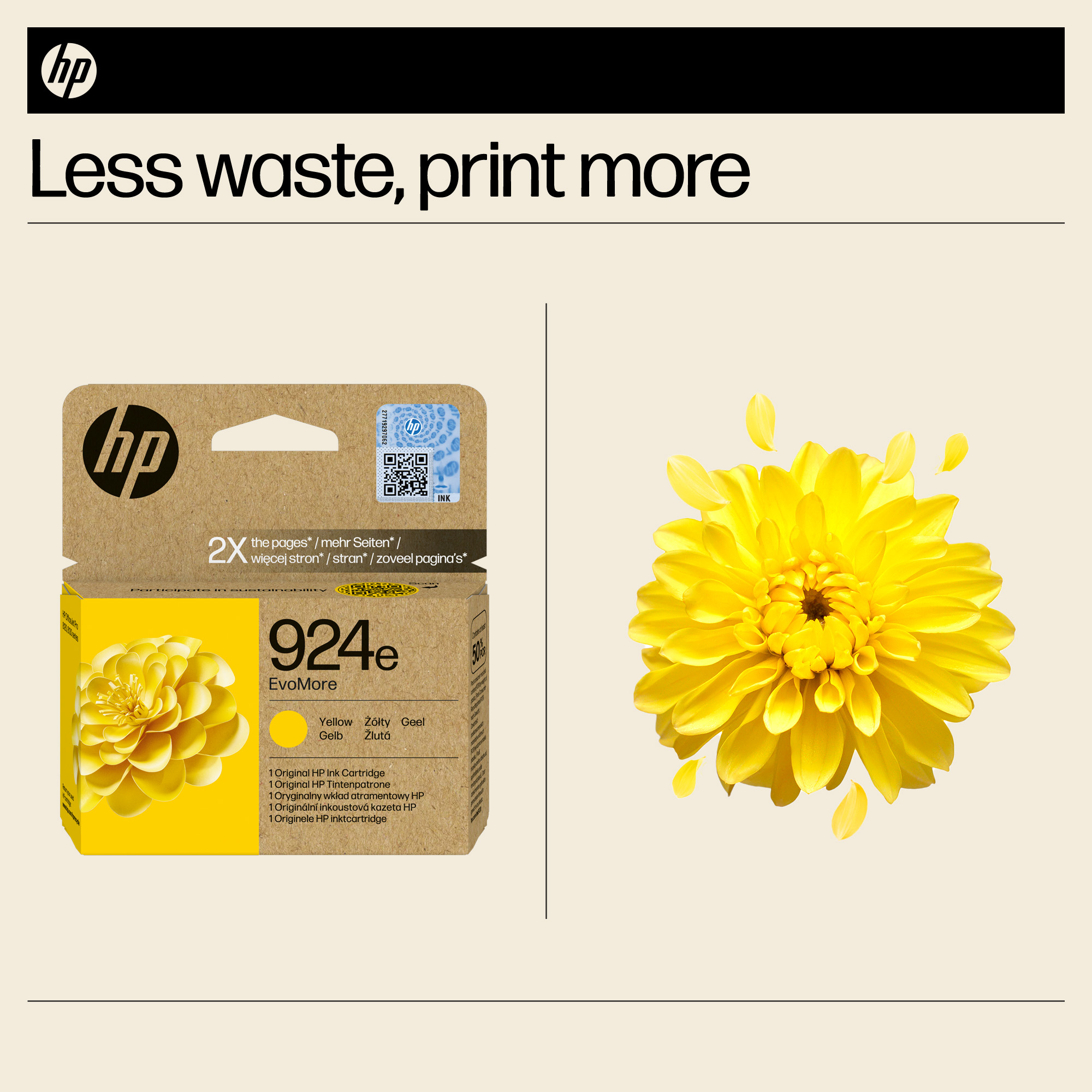 HP 924e gelbe Tintenpatrone neben einer gelben Blume mit Blütenblättern.